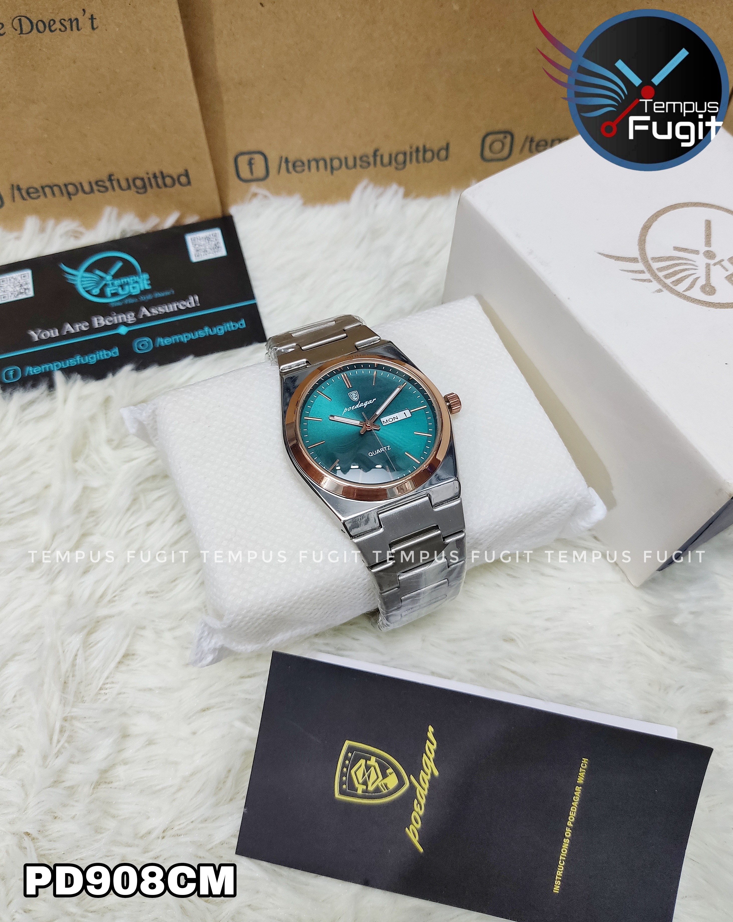 Poedagar 930 Copy Gents Chain Watch- Green Dial- Rose Golden+Silver Bezel- Silver Chain- TF Code PD908CM_img_3