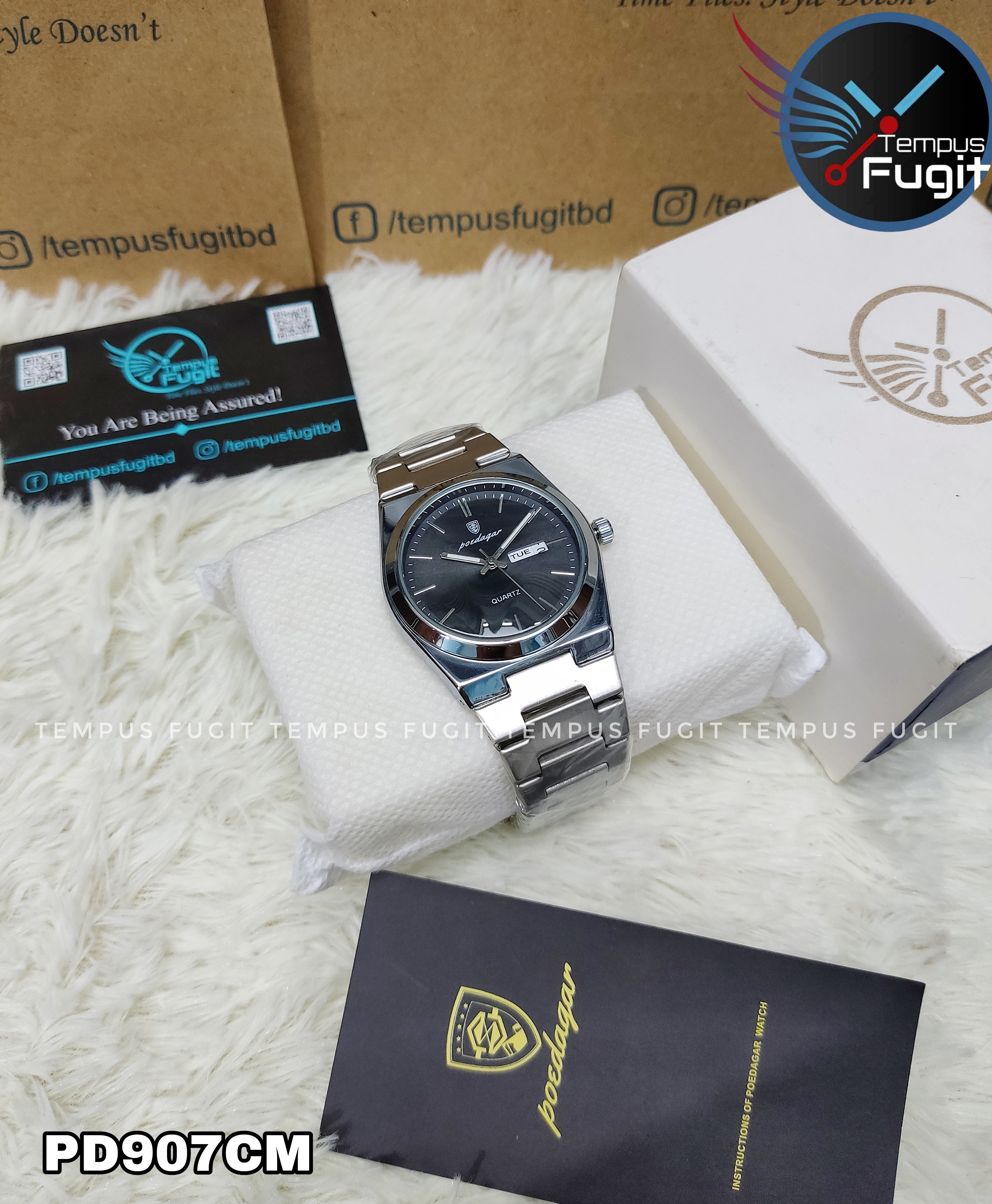 Poedagar 930 Copy Gents Chain Watch- Black Dial- Silver Bezel- Silver Chain- TF Code PD907CM_img_3