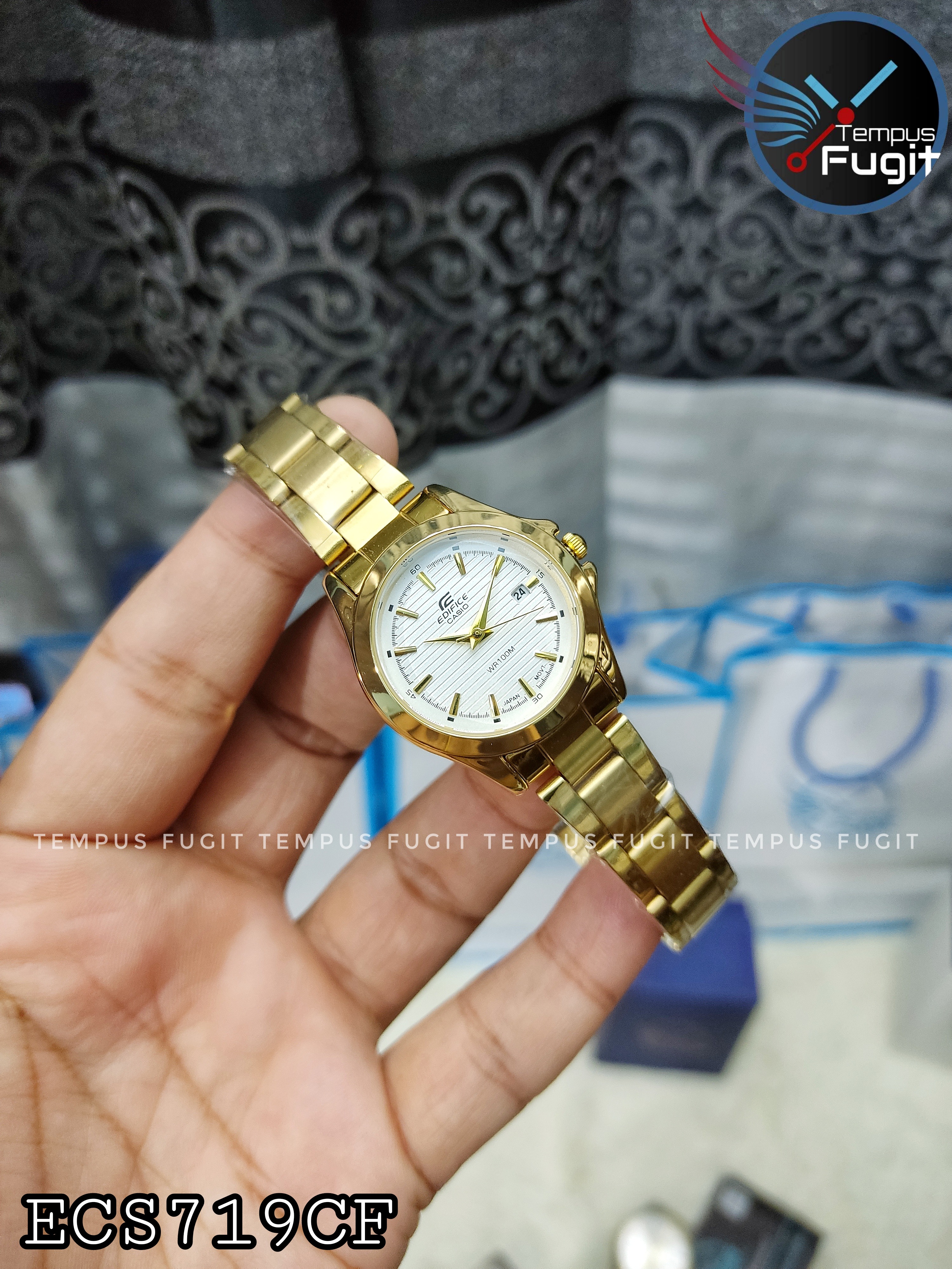 Casio Edifice Ladies Copy Chain Watch- White Dial- Golden Bezel- Golden Chain- TF Code ECS719CF_img_0