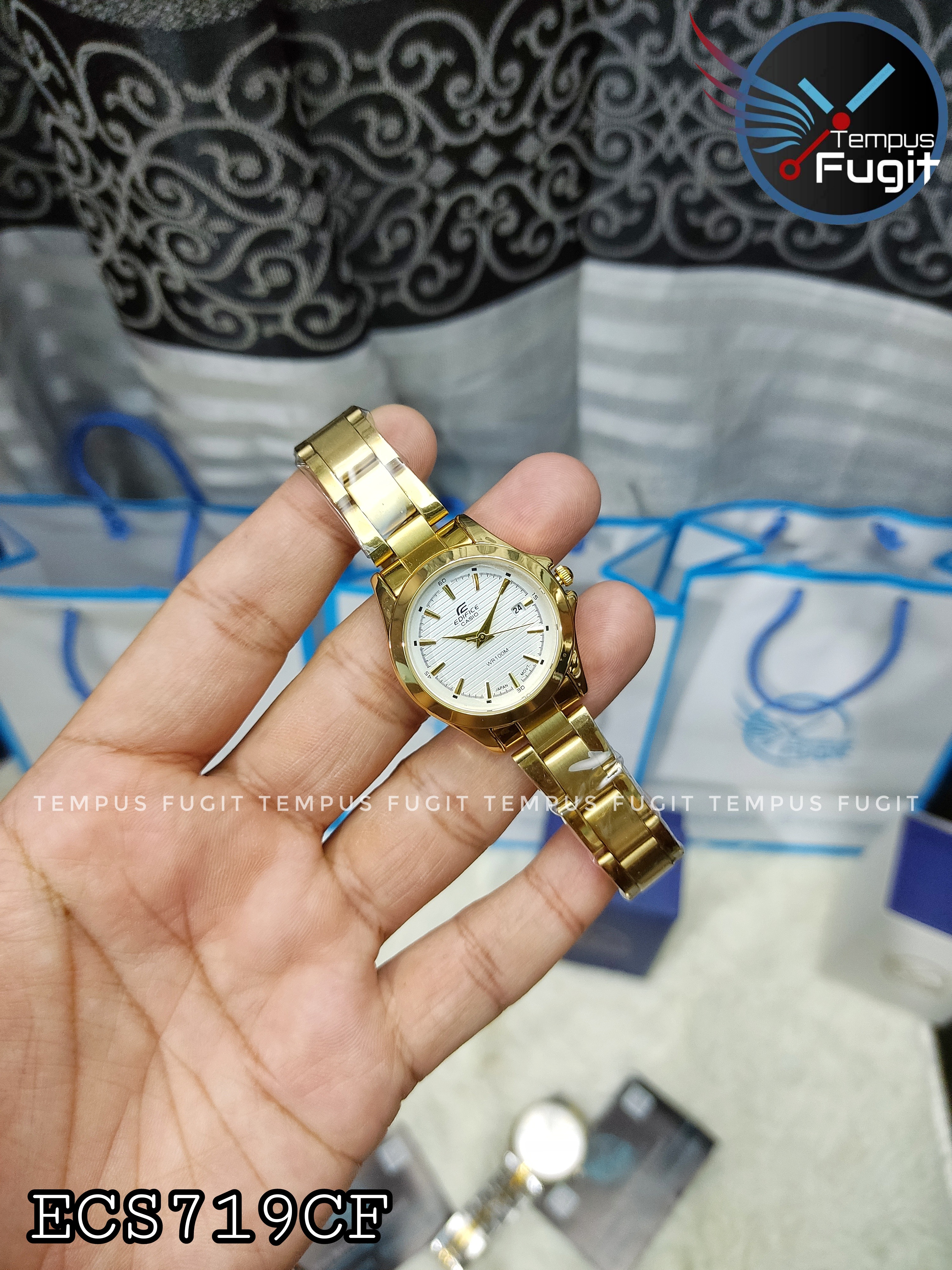 Casio Edifice Ladies Copy Chain Watch- White Dial- Golden Bezel- Golden Chain- TF Code ECS719CF_img_1