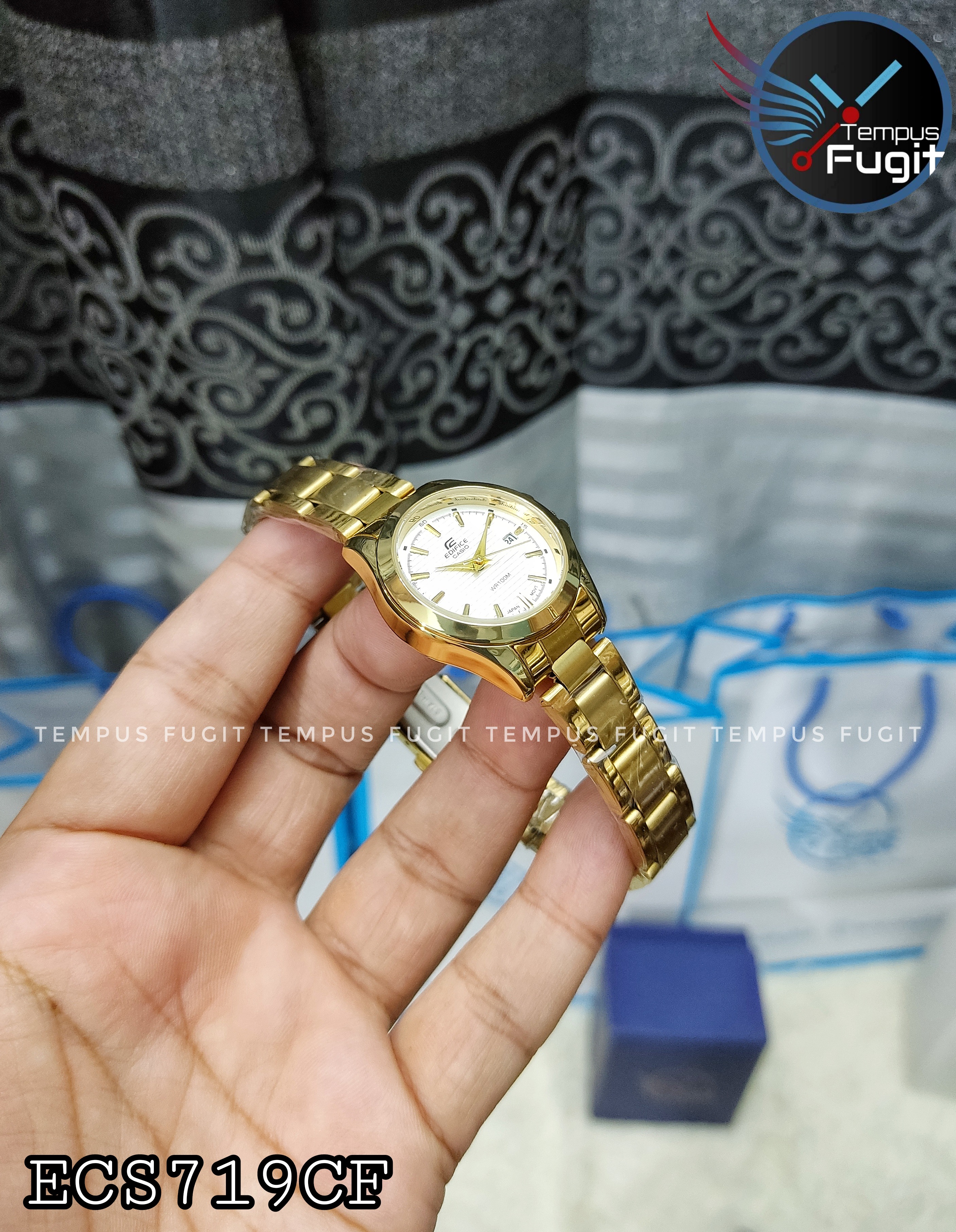 Casio Edifice Ladies Copy Chain Watch- White Dial- Golden Bezel- Golden Chain- TF Code ECS719CF_img_2