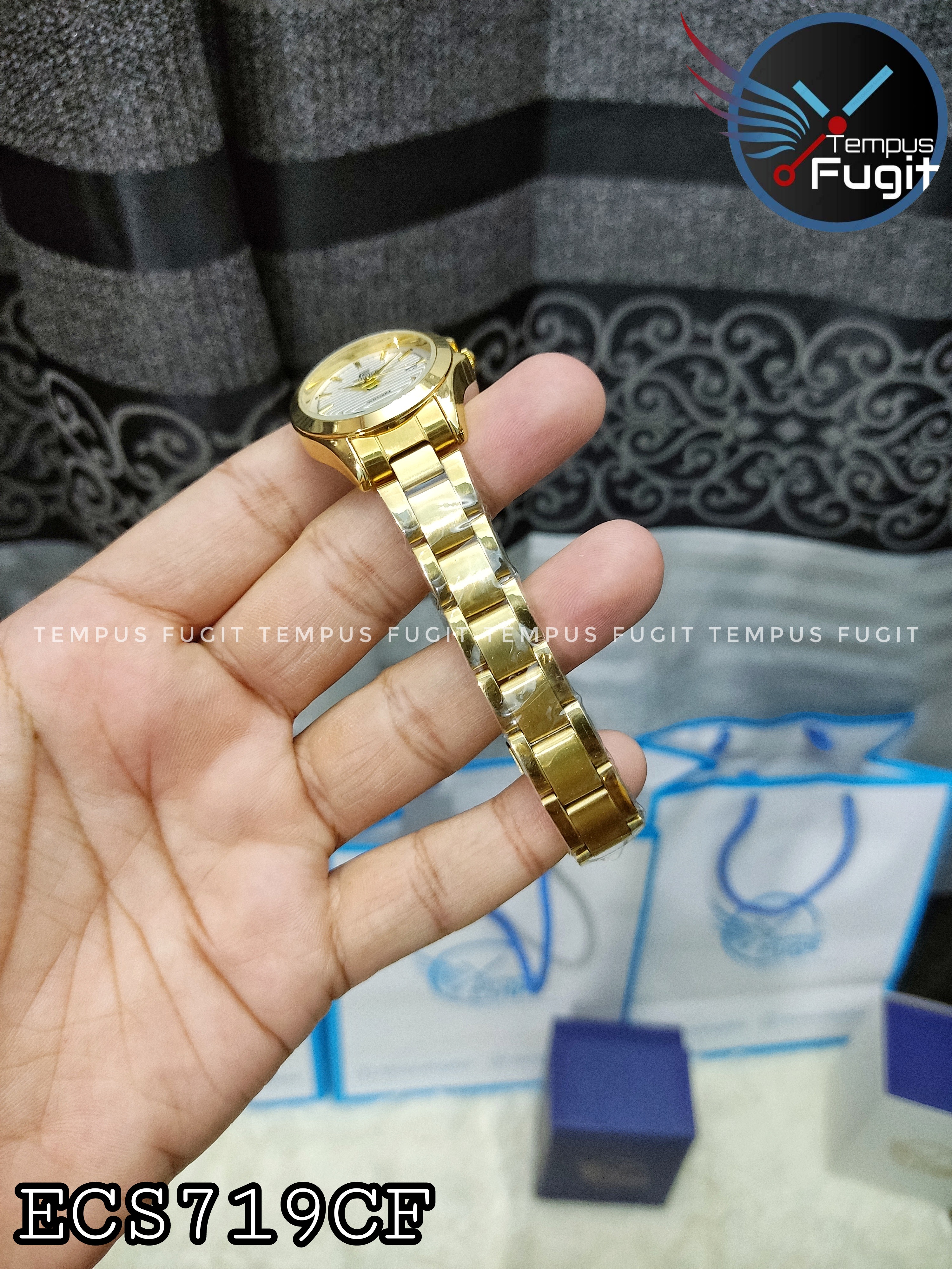 Casio Edifice Ladies Copy Chain Watch- White Dial- Golden Bezel- Golden Chain- TF Code ECS719CF_img_3