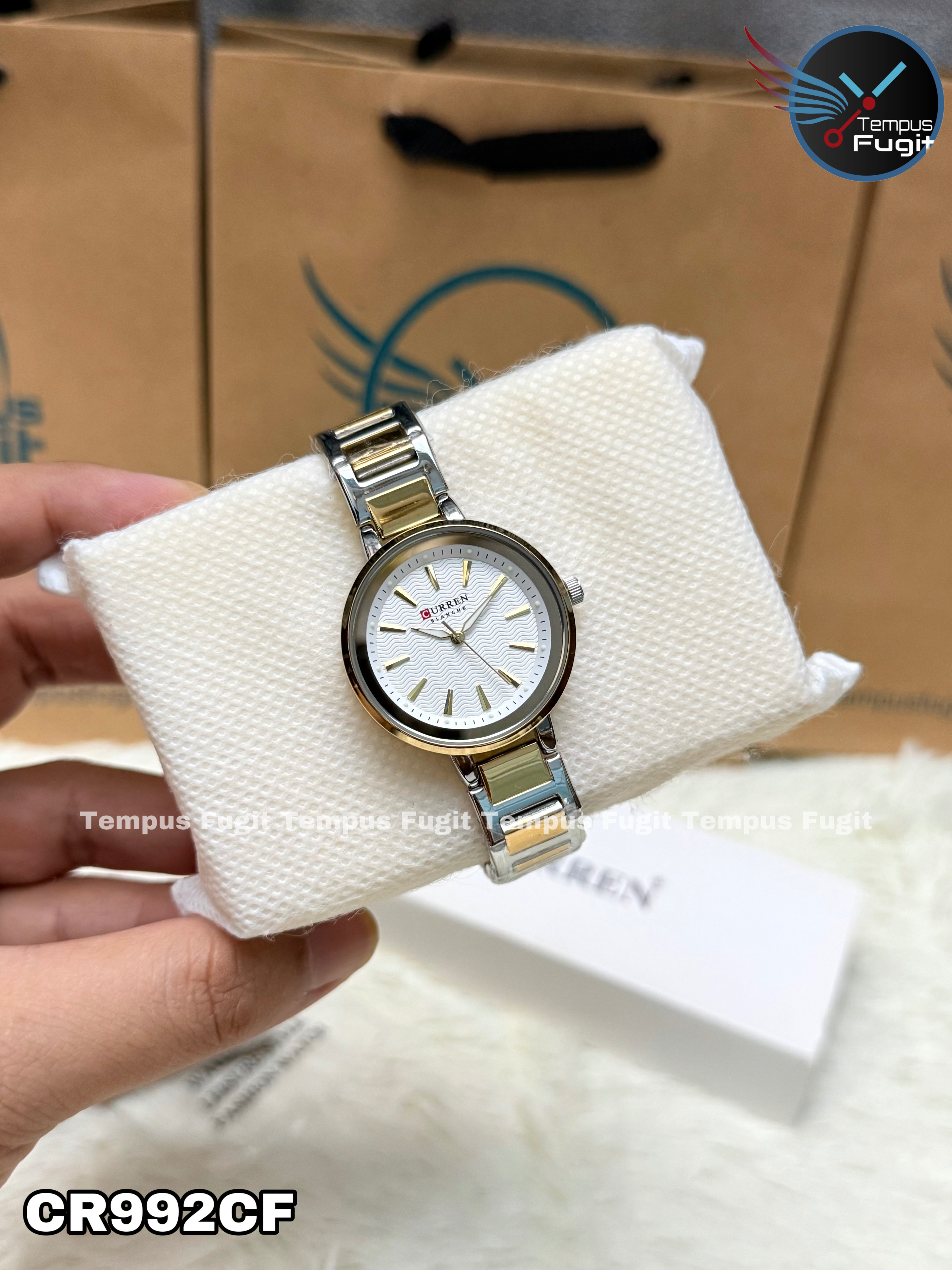 Curren 9109 Ladies Chain Watch- White Dial- Golden Bezel- Silver+Golden Chain- TF Code CR992CF_img_5