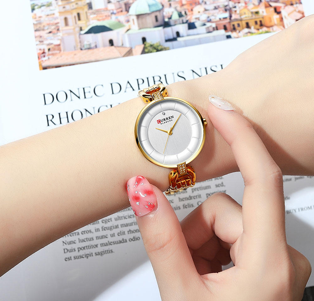 Curren 9052 Ladies Chain Watch- Silver+White Dial- Golden Bezel- Golden Chain- TF Code CR999CF_img_2