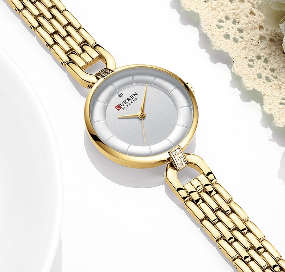 Curren 9052 Ladies Chain Watch- Silver+White Dial- Golden Bezel- Golden Chain- TF Code CR999CF_img_4