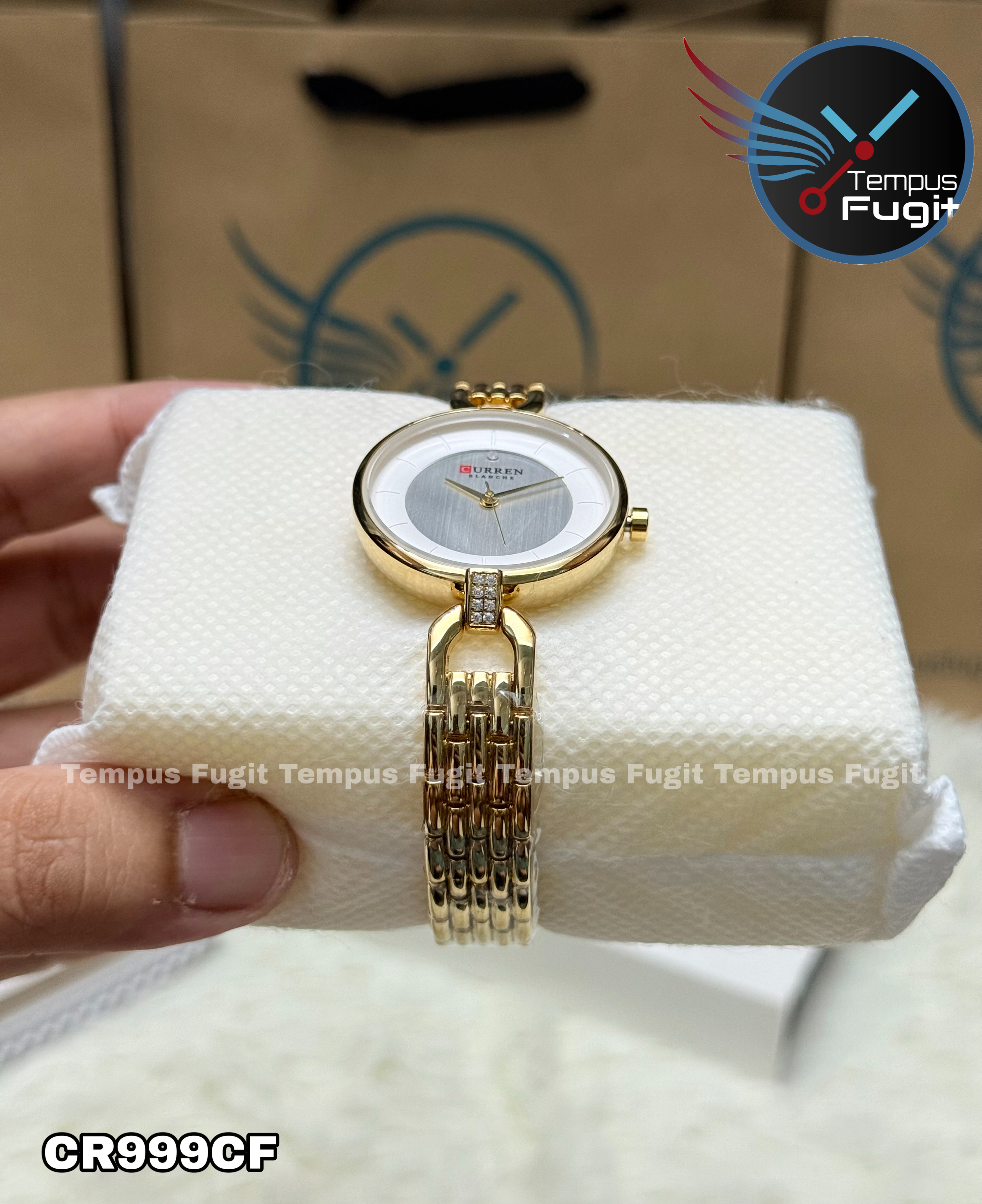 Curren 9052 Ladies Chain Watch- Silver+White Dial- Golden Bezel- Golden Chain- TF Code CR999CF_img_7