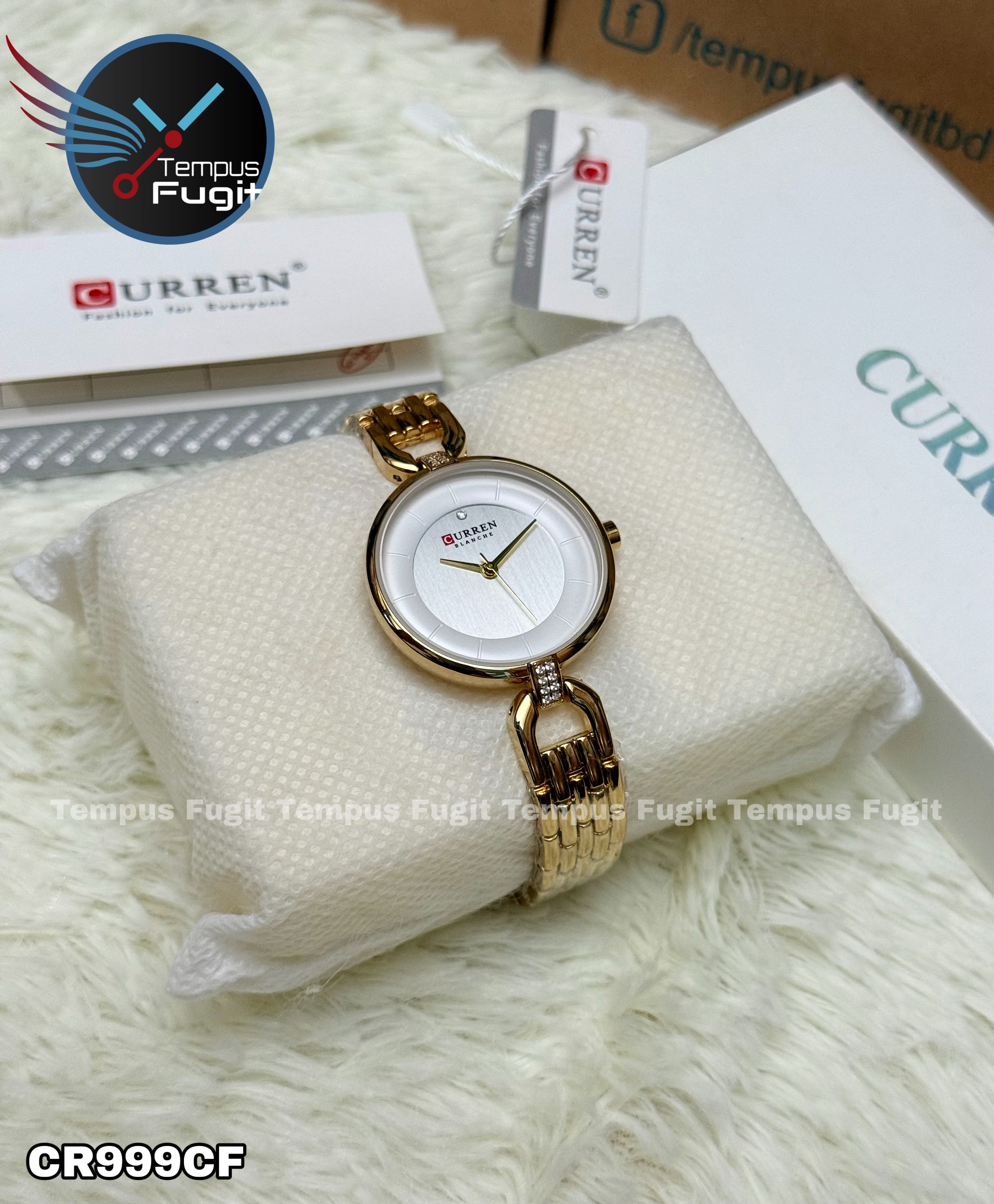 Curren 9052 Ladies Chain Watch- Silver+White Dial- Golden Bezel- Golden Chain- TF Code CR999CF_img_9