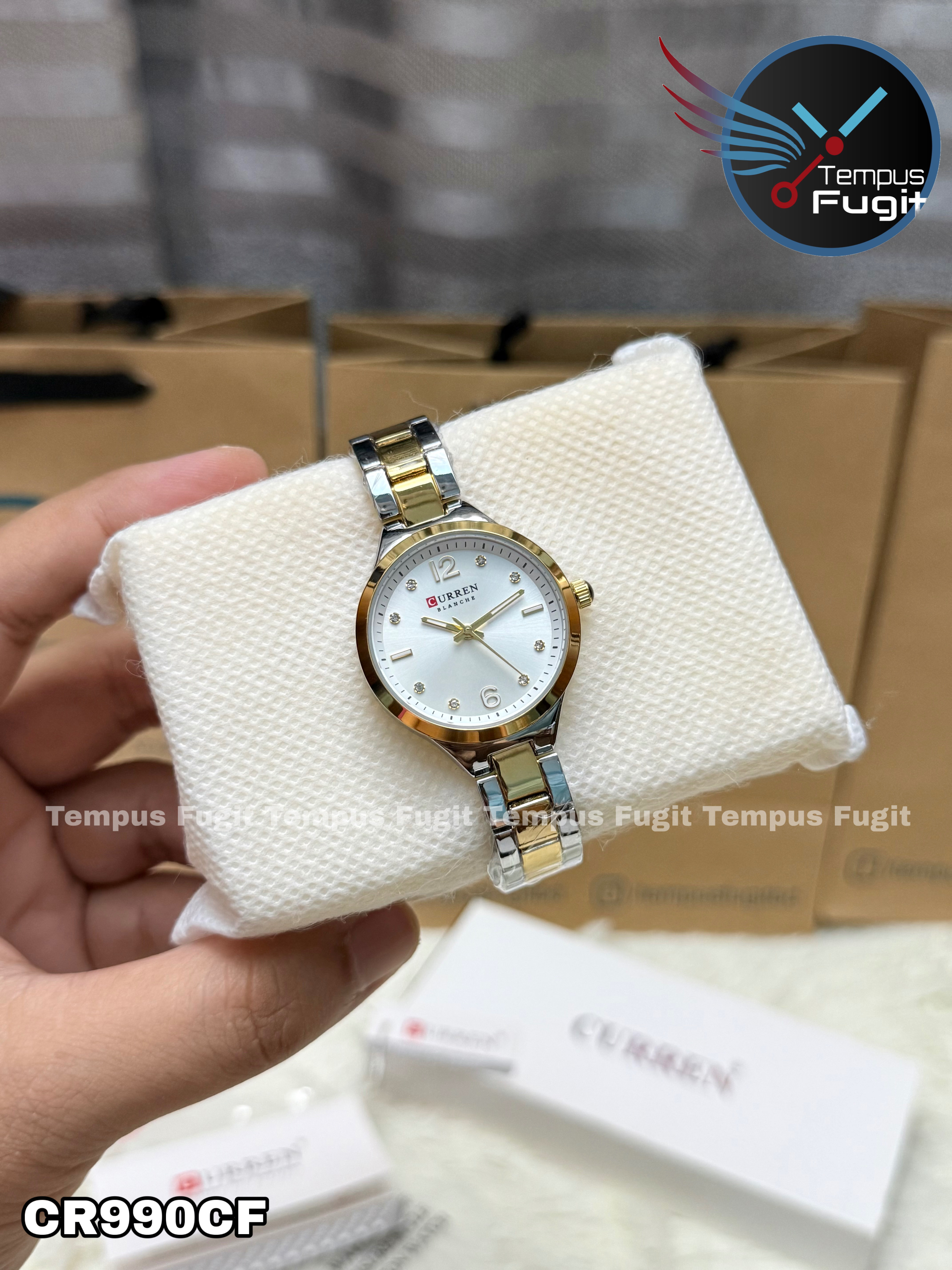 Curren 9105 Ladies Chain Watch- Silver Dial- Golden Bezel- Silver+Golden Chain- CR990CF_img_5