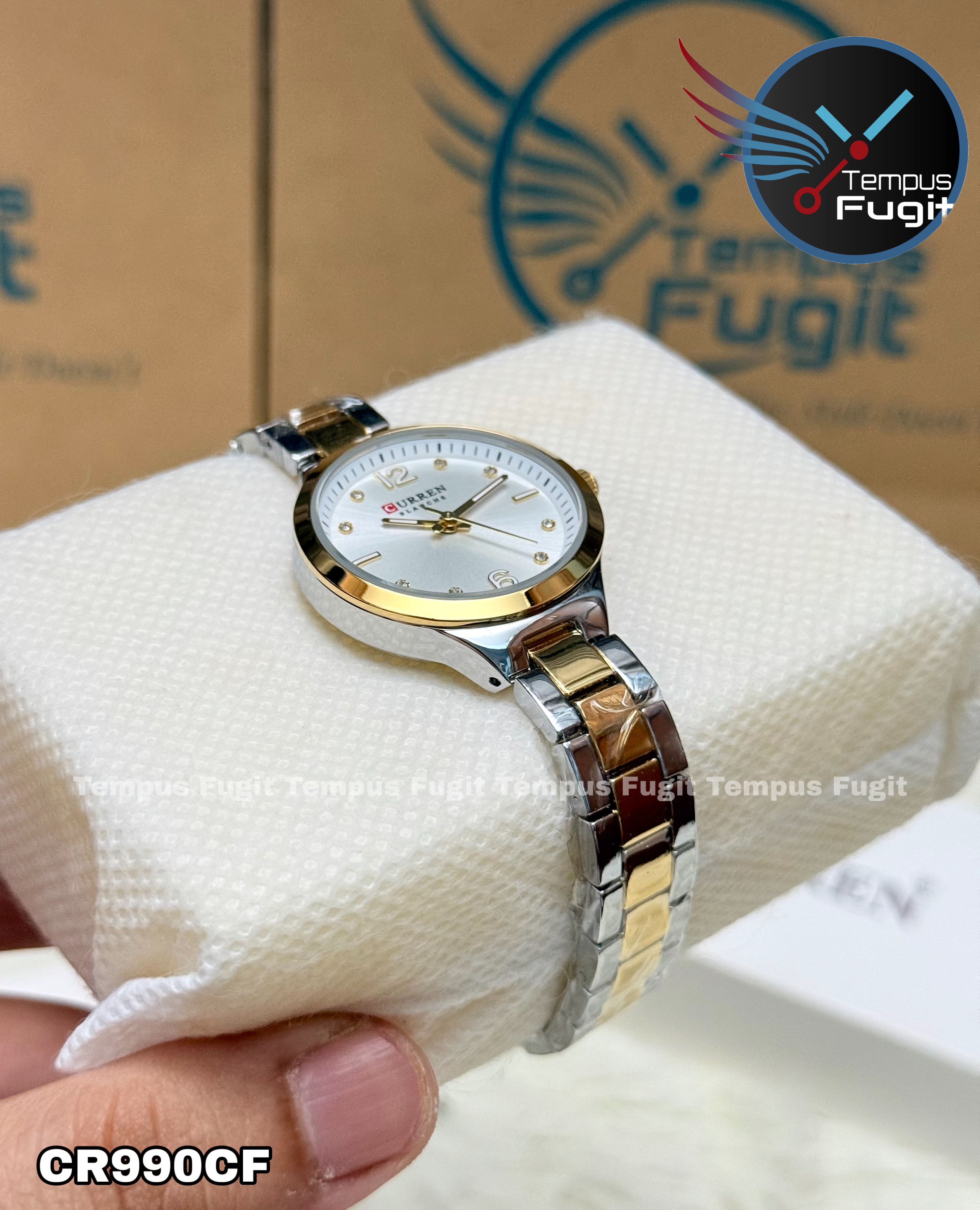 Curren 9105 Ladies Chain Watch- Silver Dial- Golden Bezel- Silver+Golden Chain- CR990CF_img_6