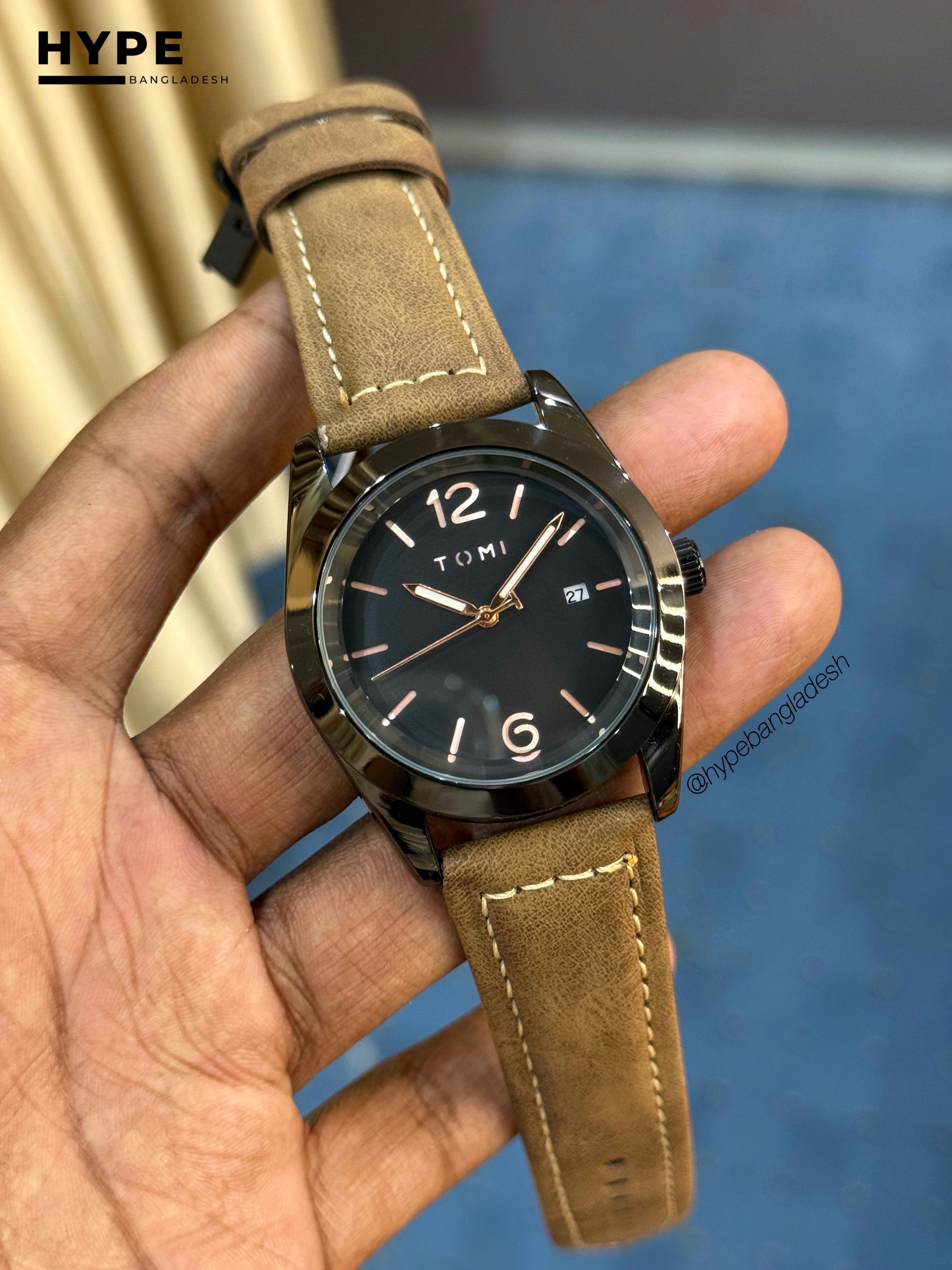 TOMI T-095 Leather Belt Quartz Watch With Date (Brown-Black)_img_1