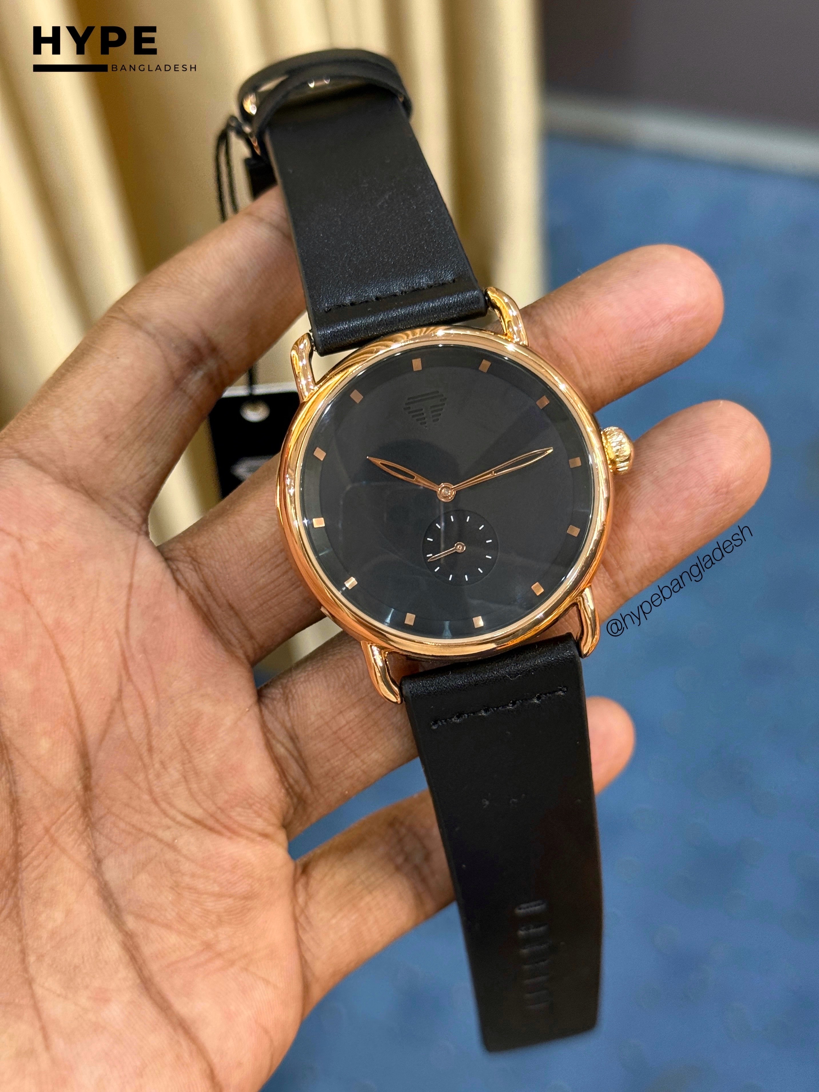 TOMI T-037 Men's Quartz Leather Belt Watch With Second Sub-Dial(Black-Rosegold)_img_1