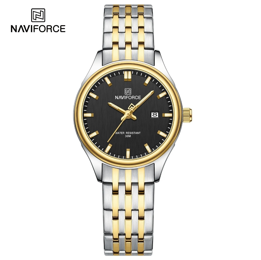 Naviforce 8039 Ladies Chain Watch- Black Dial- Golden Bezel- Silver+Golden Chain- TF Code NF862/5CF_img_0