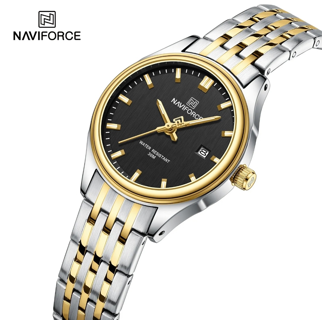 Naviforce 8039 Ladies Chain Watch- Black Dial- Golden Bezel- Silver+Golden Chain- TF Code NF862/5CF_img_1