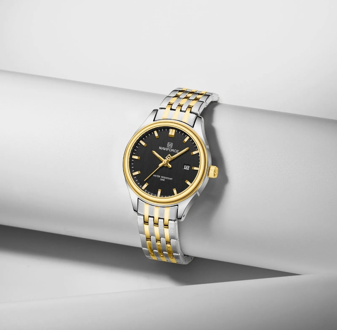 Naviforce 8039 Ladies Chain Watch- Black Dial- Golden Bezel- Silver+Golden Chain- TF Code NF862/5CF_img_2