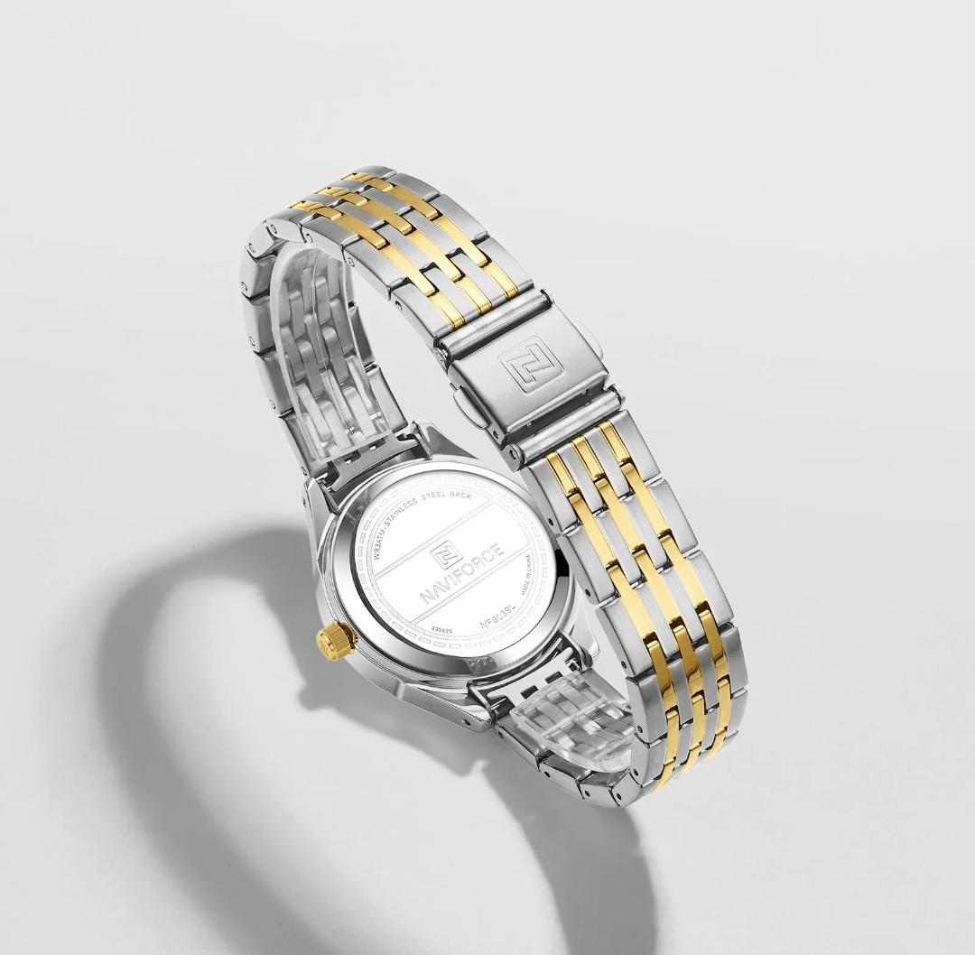 Naviforce 8039 Ladies Chain Watch- Black Dial- Golden Bezel- Silver+Golden Chain- TF Code NF862/5CF_img_4