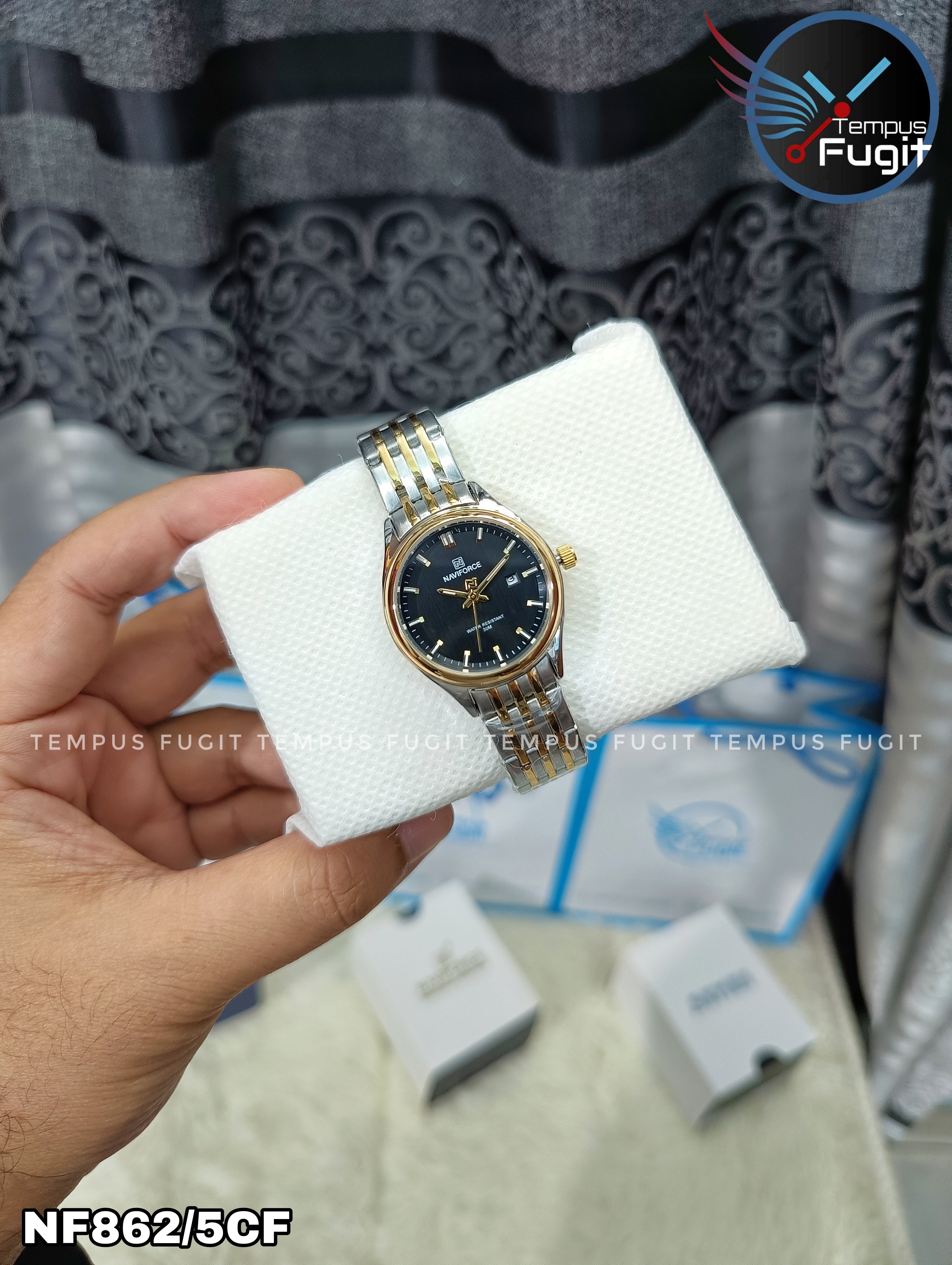 Naviforce 8039 Ladies Chain Watch- Black Dial- Golden Bezel- Silver+Golden Chain- TF Code NF862/5CF_img_5