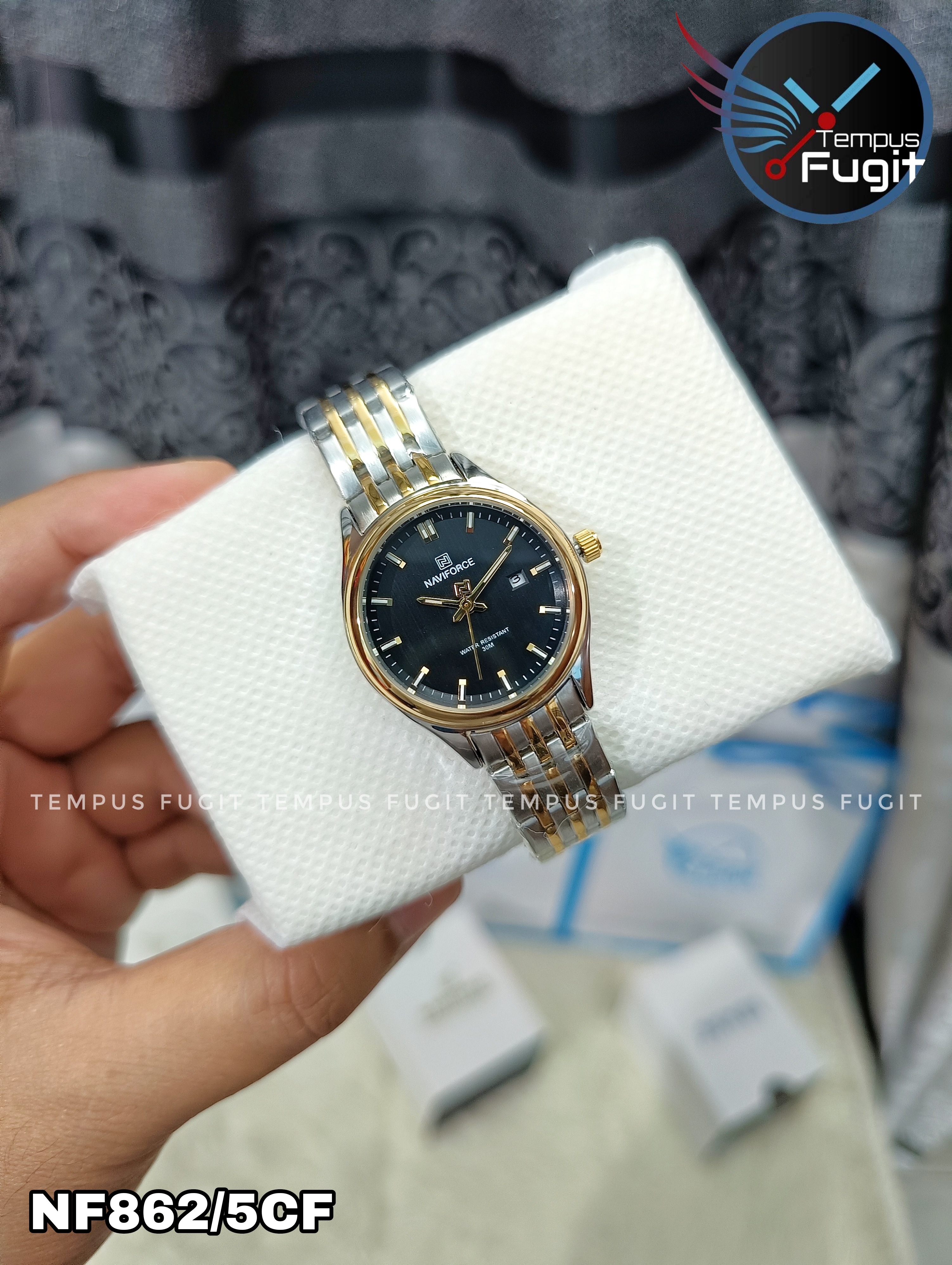 Naviforce 8039 Ladies Chain Watch- Black Dial- Golden Bezel- Silver+Golden Chain- TF Code NF862/5CF_img_6