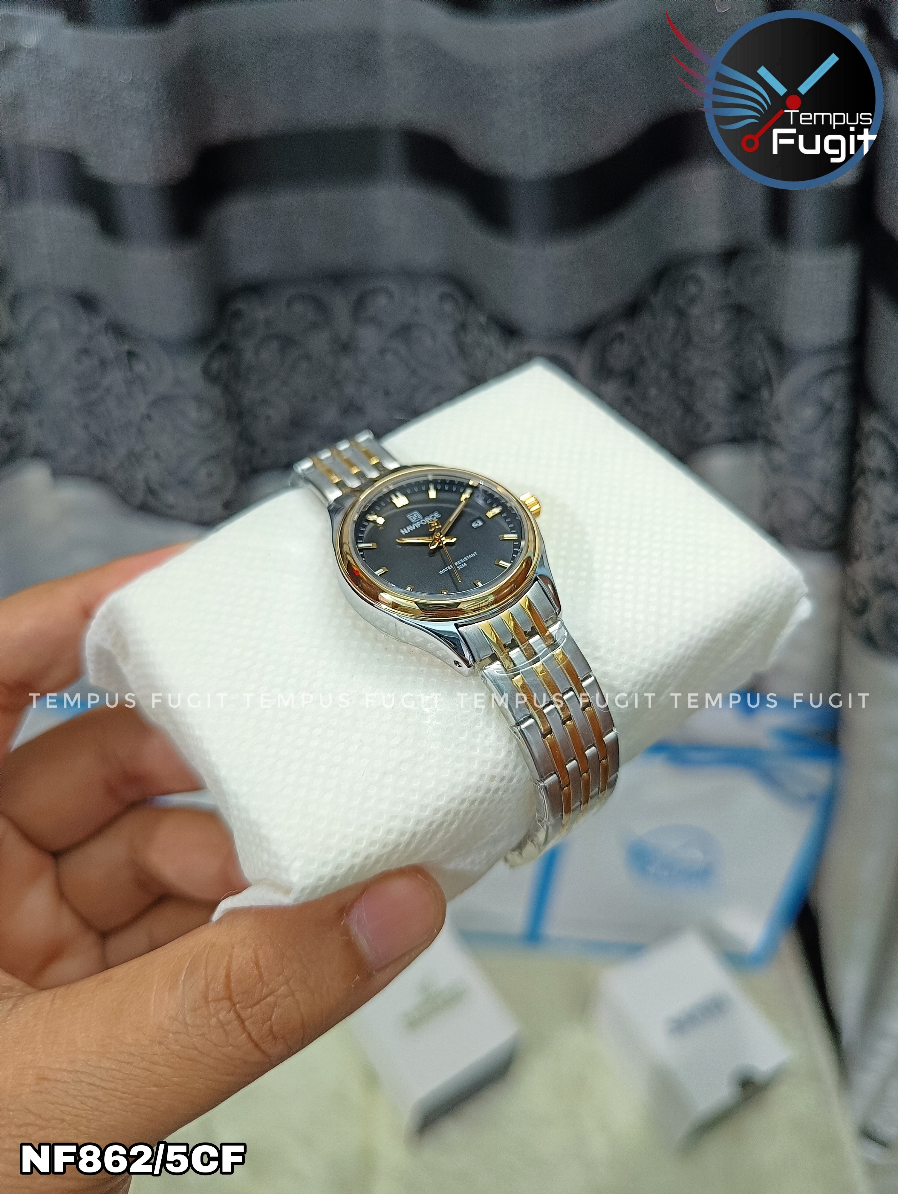 Naviforce 8039 Ladies Chain Watch- Black Dial- Golden Bezel- Silver+Golden Chain- TF Code NF862/5CF_img_7