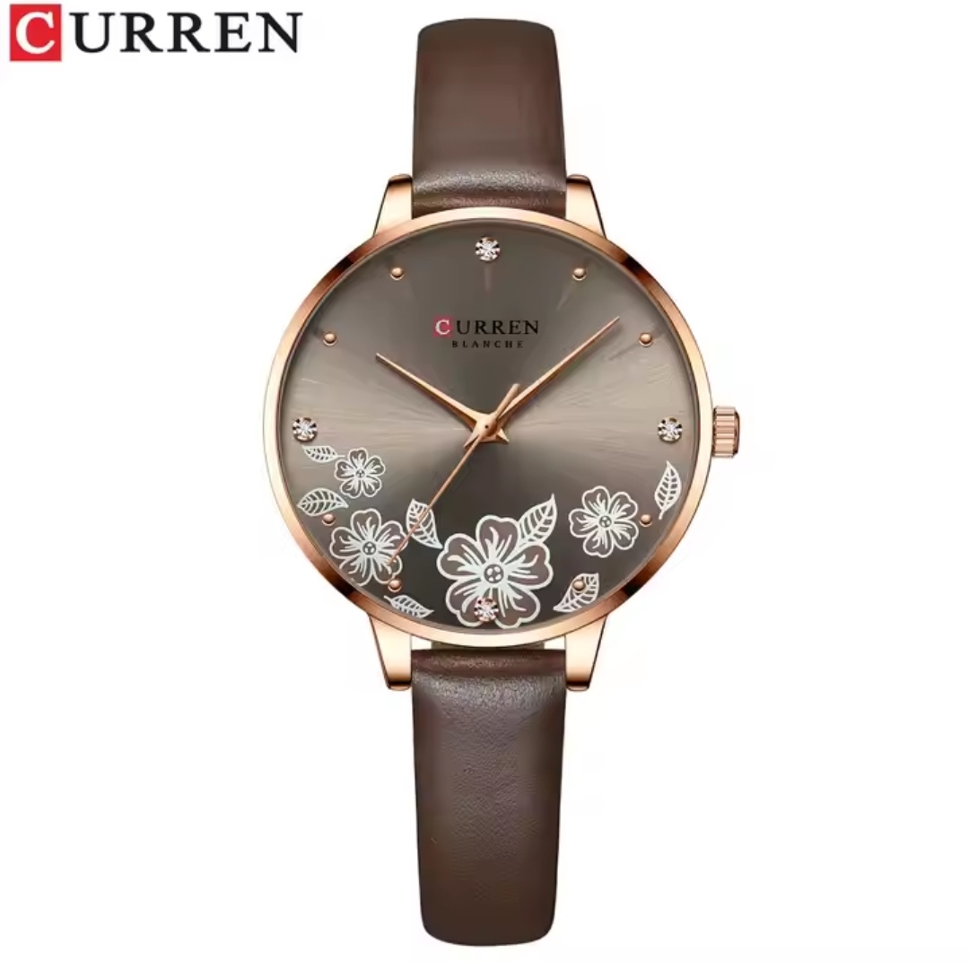 Curren 9068 Ladies Belt Watch- Floral Brown Dial- Rose Golden Bezel- Brown Belt- TF Code CR388BF_img_0
