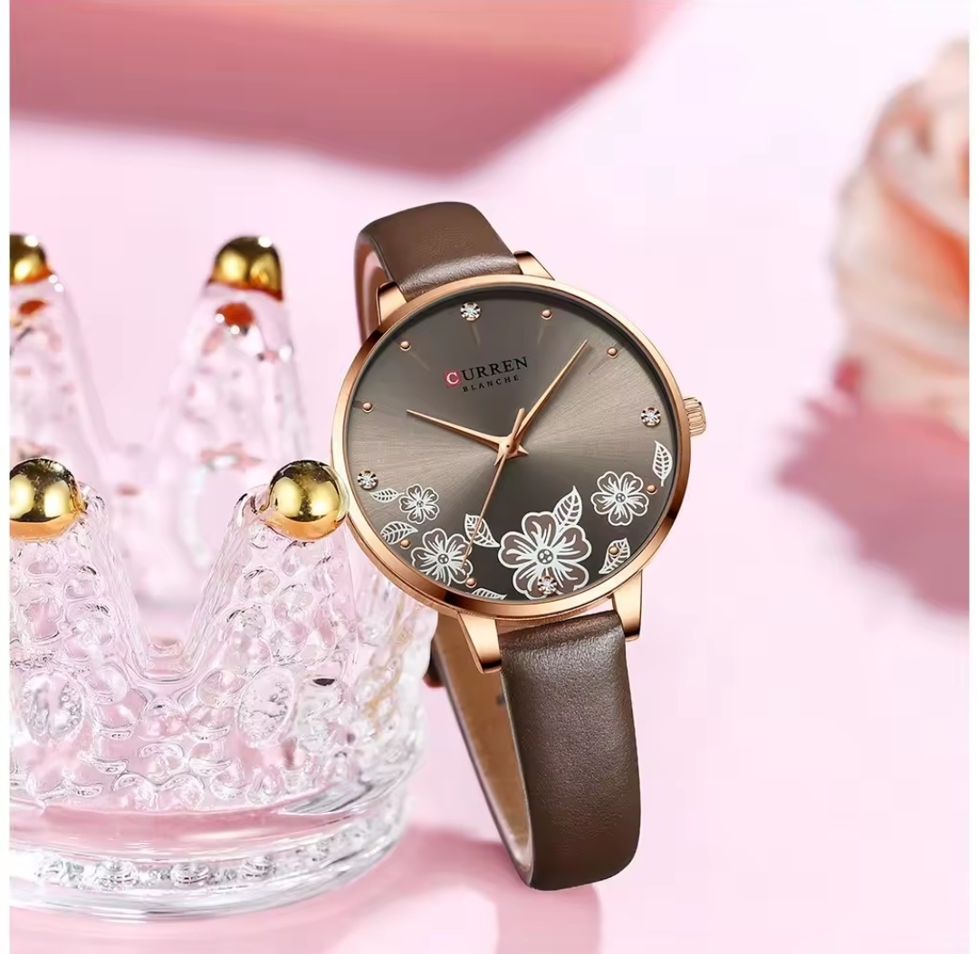 Curren 9068 Ladies Belt Watch- Floral Brown Dial- Rose Golden Bezel- Brown Belt- TF Code CR388BF_img_1