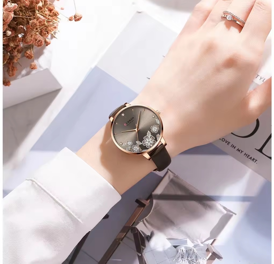 Curren 9068 Ladies Belt Watch- Floral Brown Dial- Rose Golden Bezel- Brown Belt- TF Code CR388BF_img_3