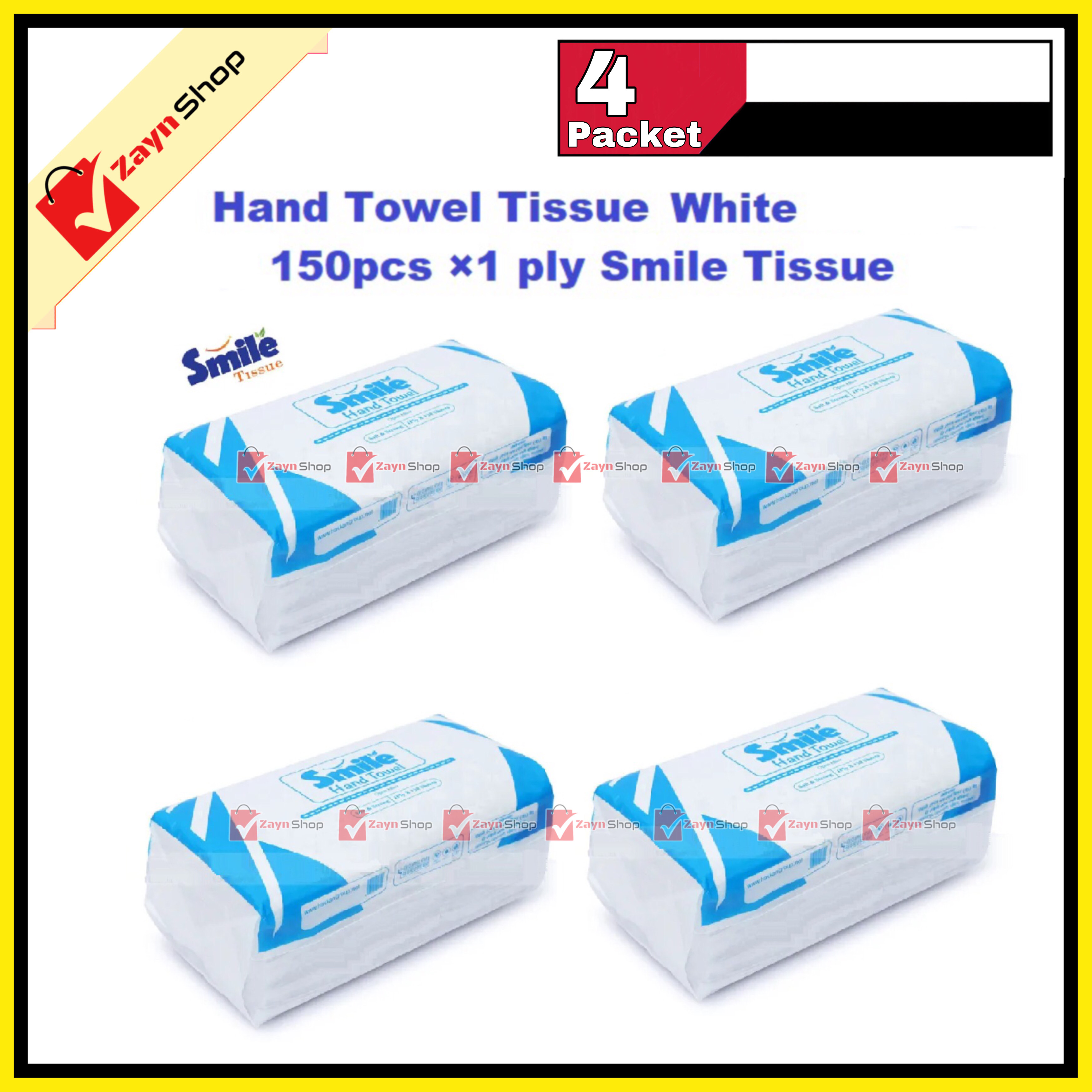 Smile Hand Towel Tissue - White-150pcs ×1 ply Tissue pack of 4 packet_img_0