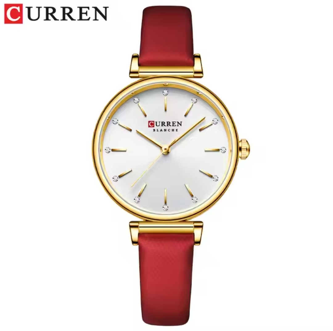 Curren 9081 Ladies Belt Watch- White Dial- Golden Bezel- Maroon Belt- TF Code CR646BF_img_0
