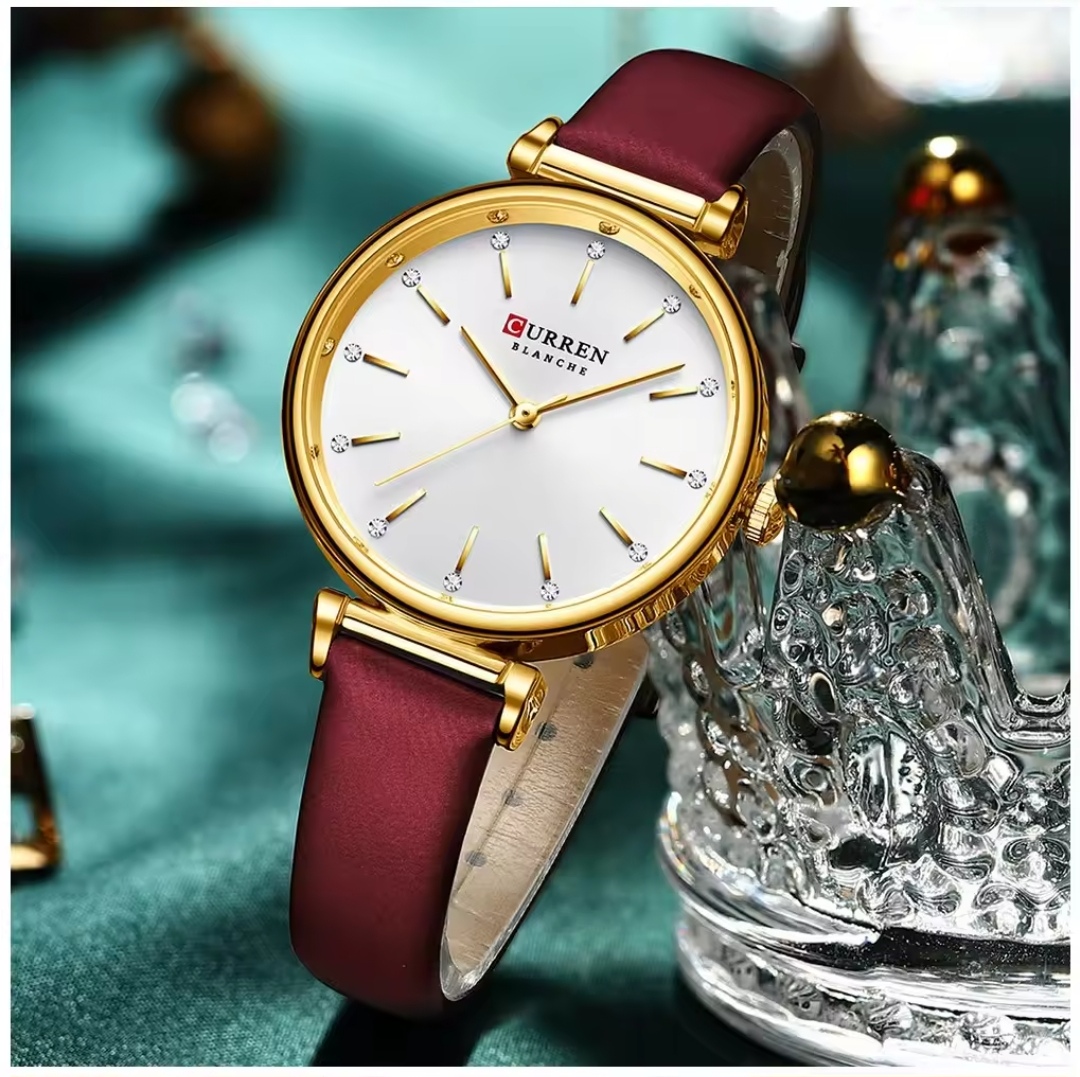 Curren 9081 Ladies Belt Watch- White Dial- Golden Bezel- Maroon Belt- TF Code CR646BF_img_1