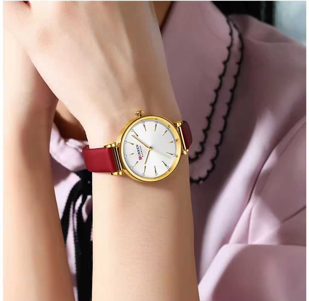 Curren 9081 Ladies Belt Watch- White Dial- Golden Bezel- Maroon Belt- TF Code CR646BF_img_2