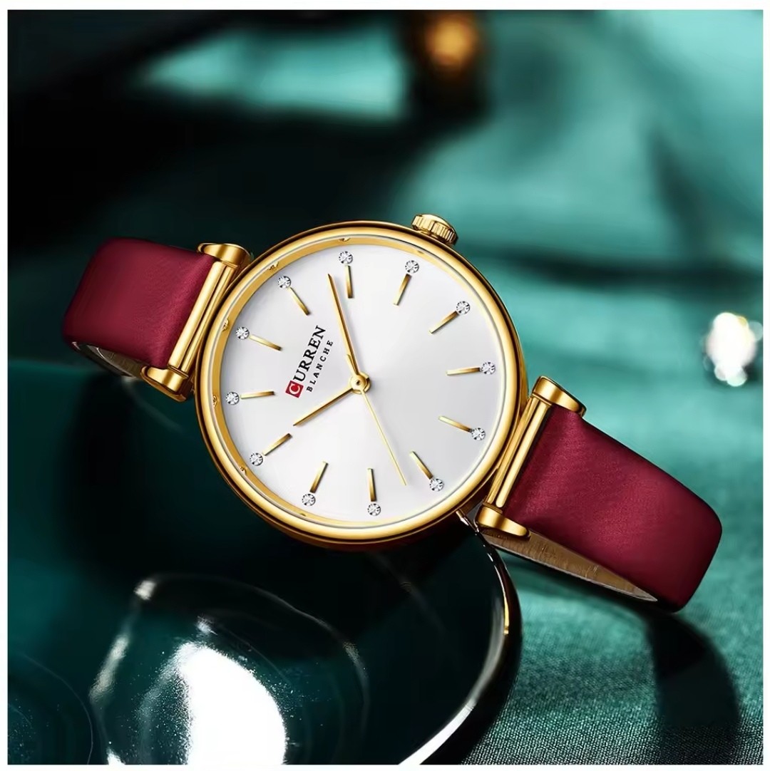 Curren 9081 Ladies Belt Watch- White Dial- Golden Bezel- Maroon Belt- TF Code CR646BF_img_3
