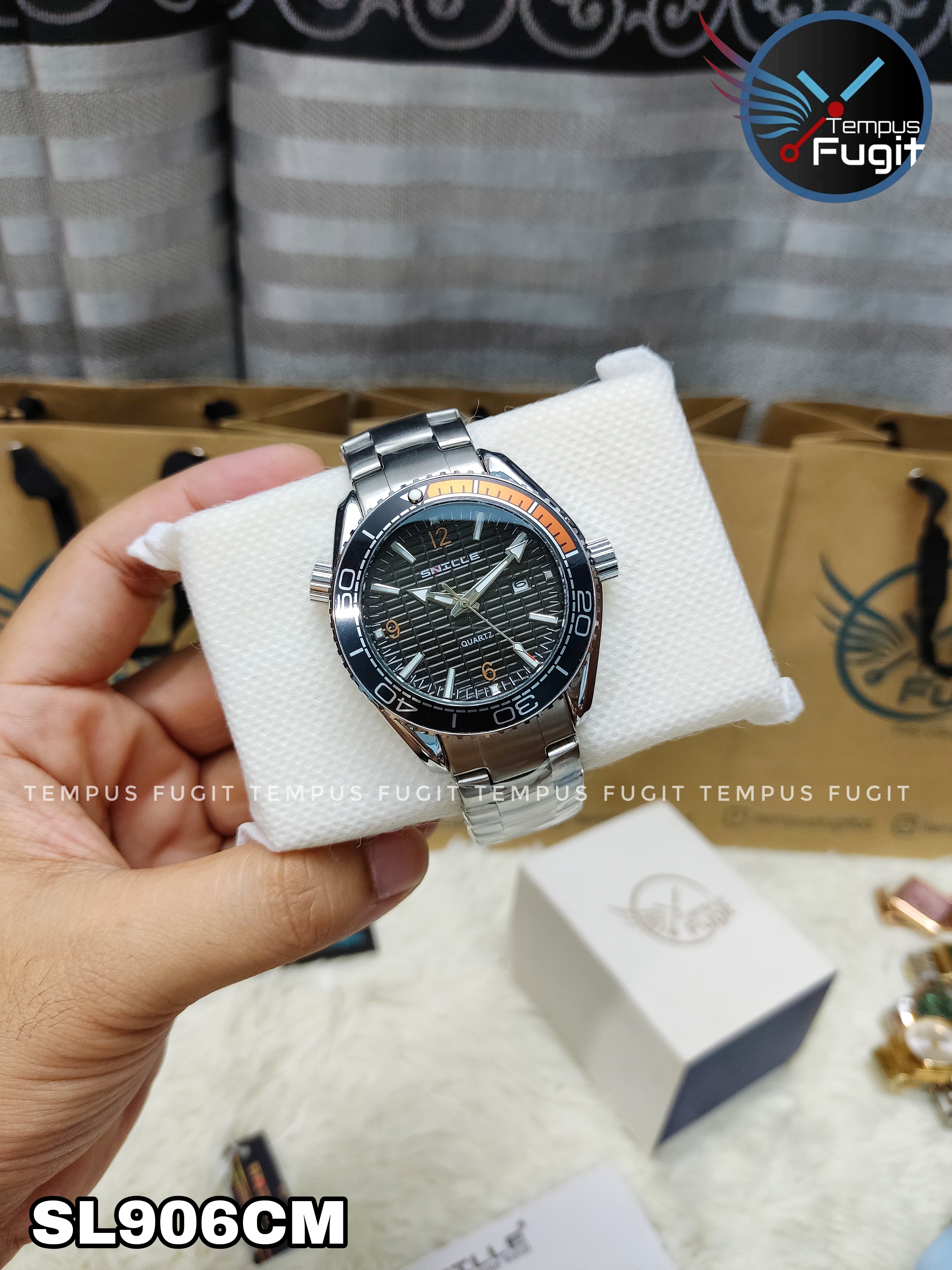 SNILLE 3010G Gents Chain Watch- Black Dial- Black+Orange Bezel- Silver Chain- TF Code SL906CM_img_0