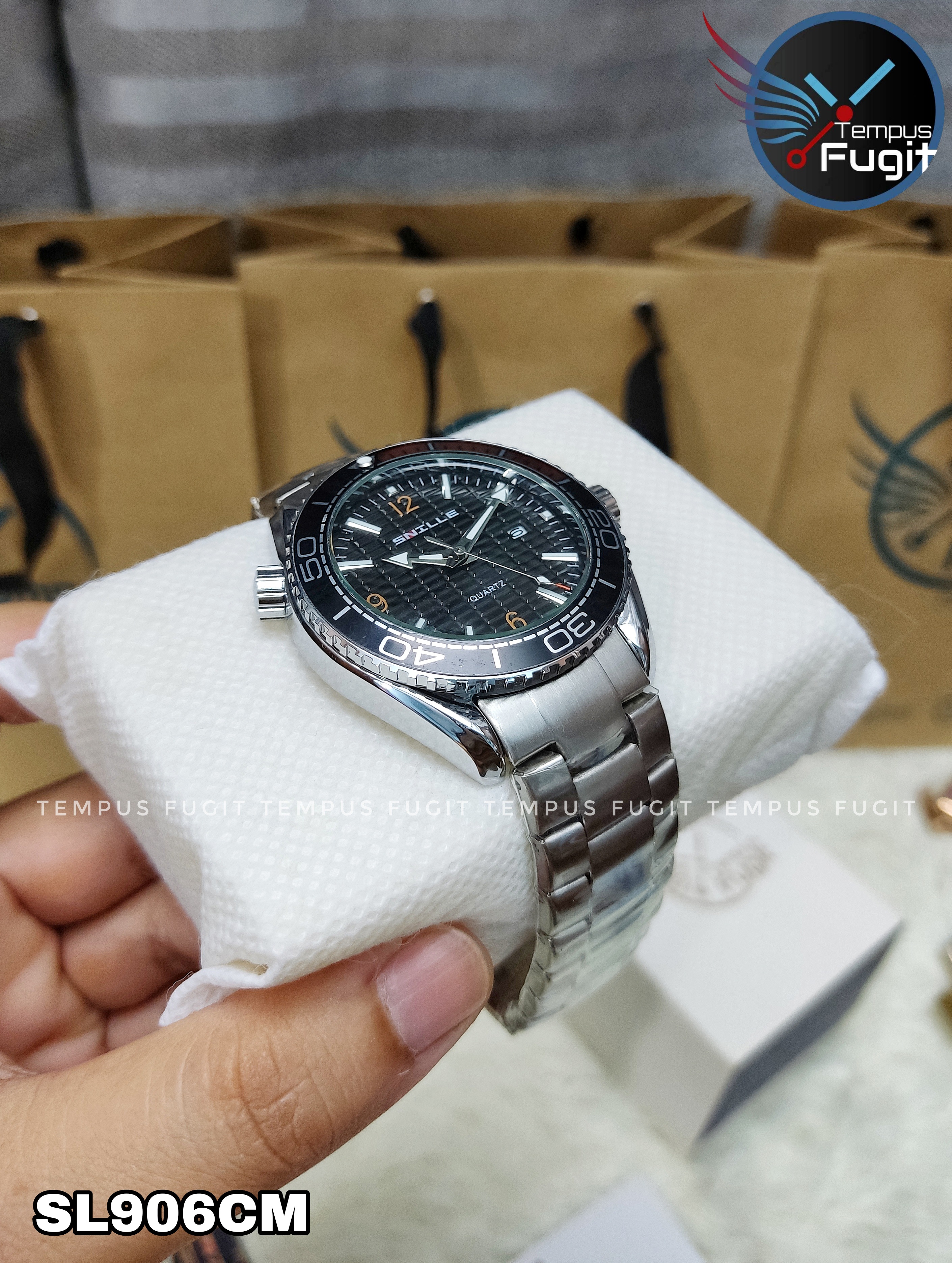 SNILLE 3010G Gents Chain Watch- Black Dial- Black+Orange Bezel- Silver Chain- TF Code SL906CM_img_1