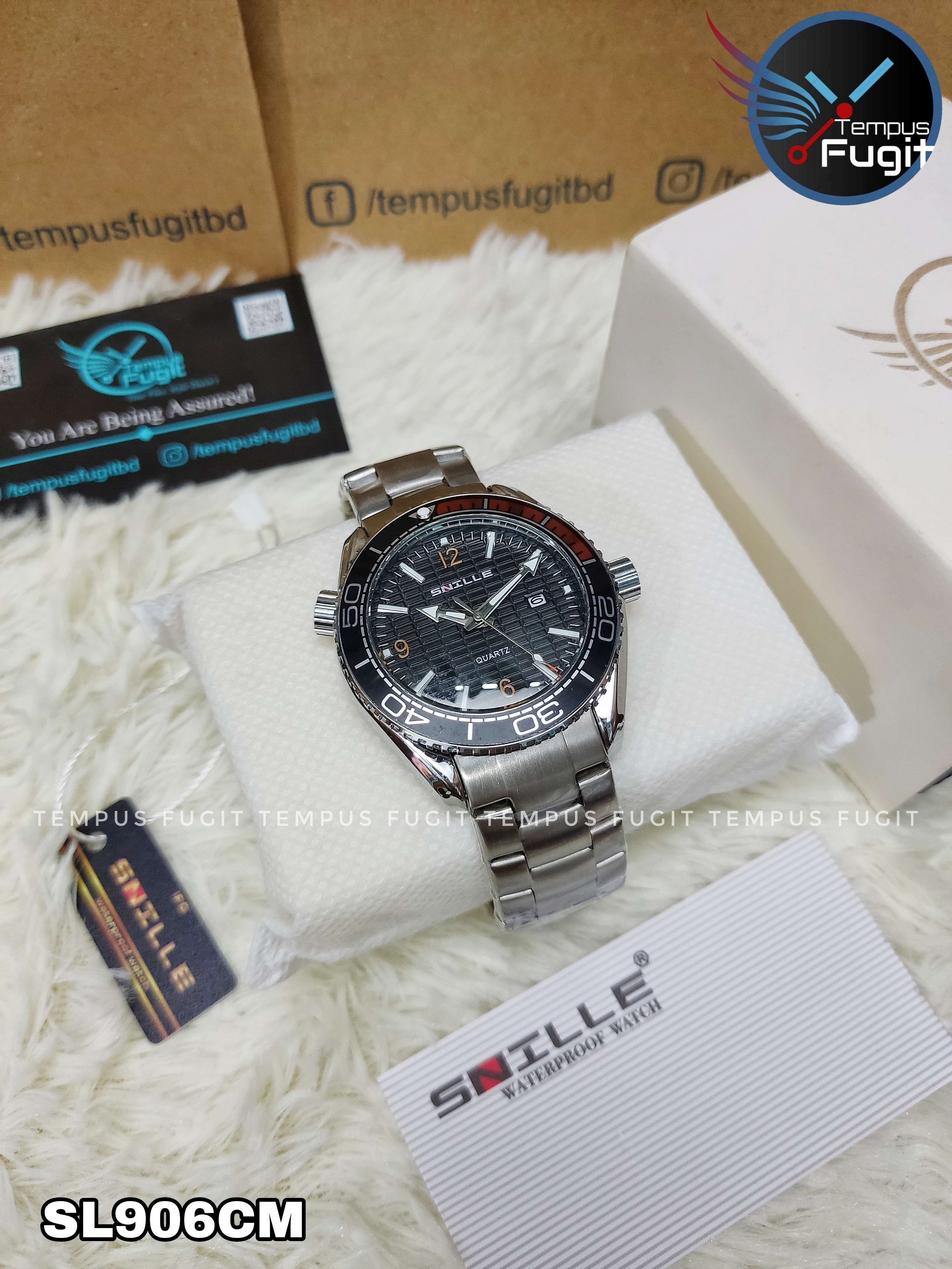 SNILLE 3010G Gents Chain Watch- Black Dial- Black+Orange Bezel- Silver Chain- TF Code SL906CM_img_2