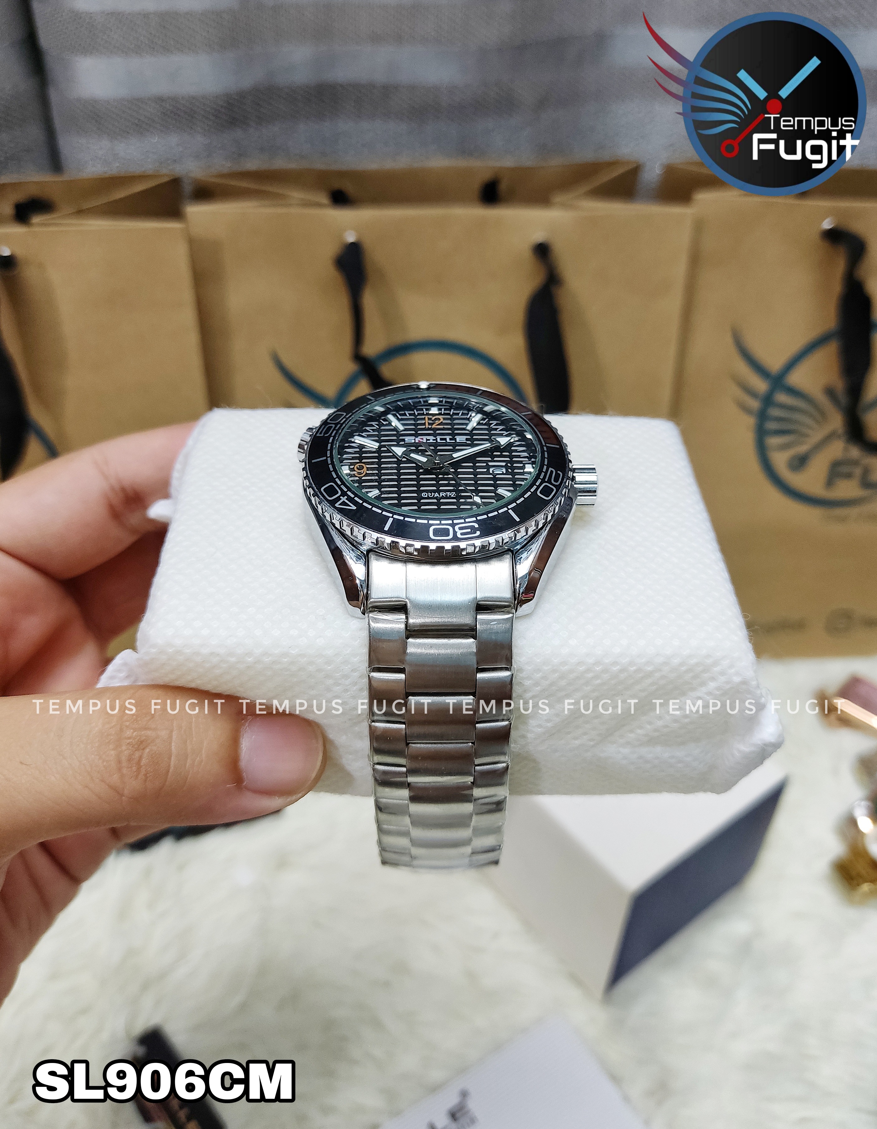 SNILLE 3010G Gents Chain Watch- Black Dial- Black+Orange Bezel- Silver Chain- TF Code SL906CM_img_3