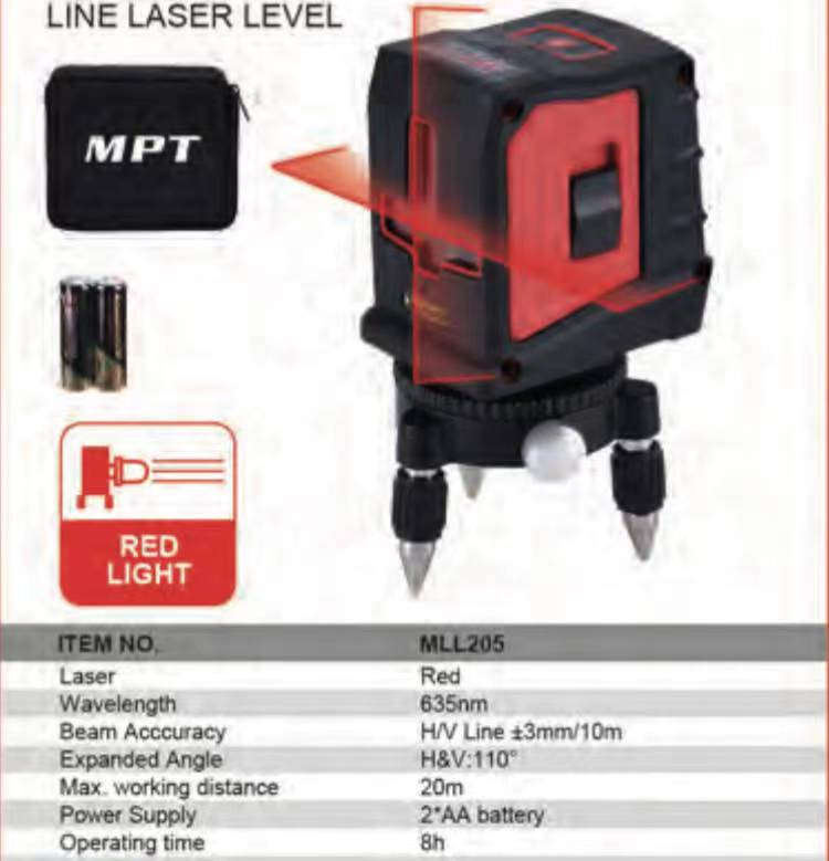 MPT MLL205 Line Laser Level, 1V1H, Red, 635nm, Model: MLL205_img_4