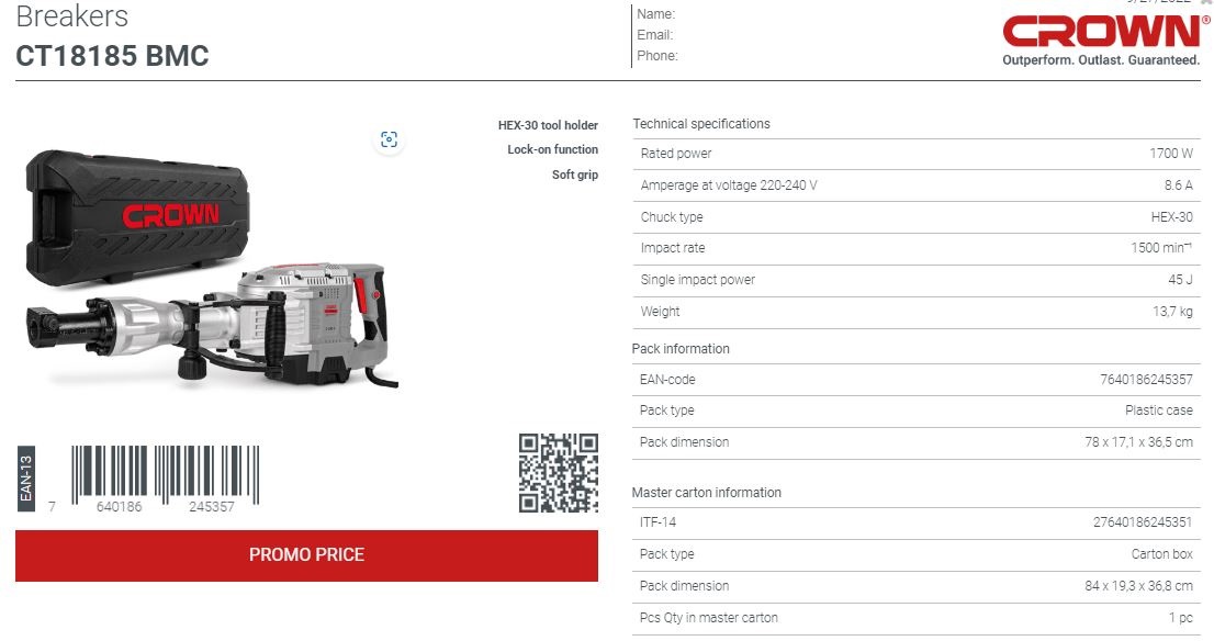 CROWN CT18185 Professional Demolition breaker, 1700W, 45J, HEX-30; CT18185_img_2