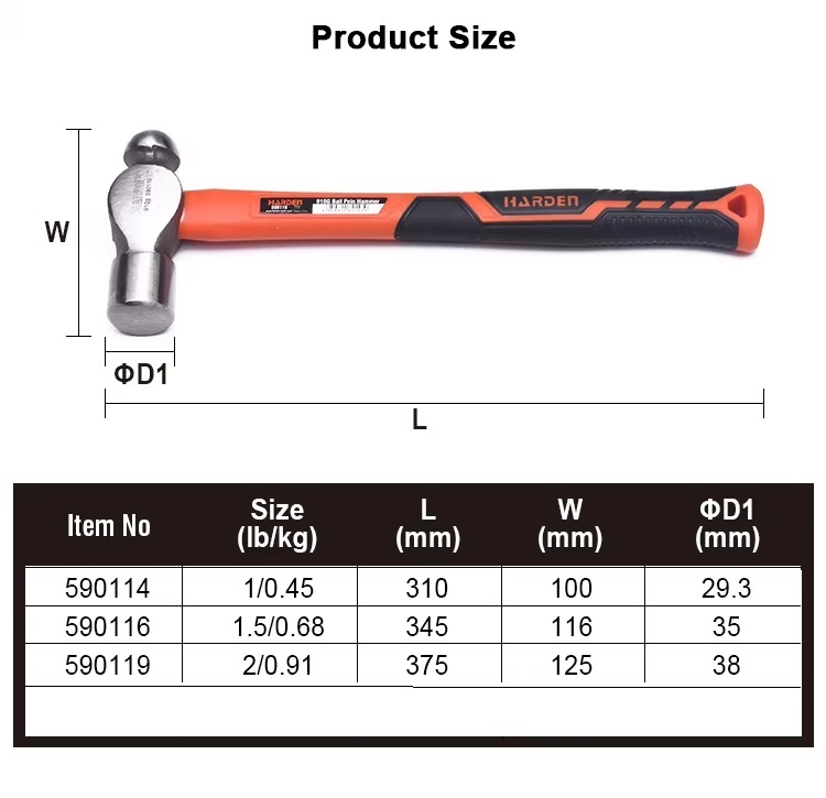 HARDEN Ball Pein Hammer ( 1.0 Lbs | 1.5Lb |  2.0 Lbs ), With Fiberglass Handle; 590114 | 590116 | 590119_img_1