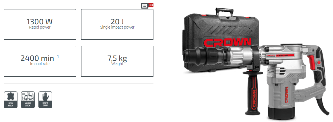CROWN CT18173M Demolition Hammer, 1300W, 20J, 7.5kg, SDS-Max; CT18173M_img_2