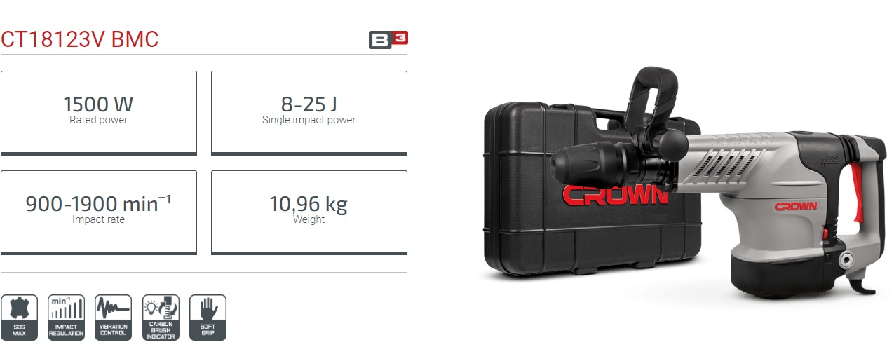 CROWN CT18123V Professional Rotary Hammer, 1500W, 25J, 11kg, SDS-MAX; CT18123V BMC_img_1