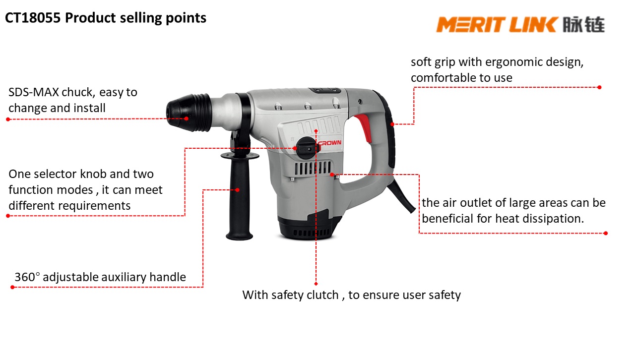 CROWN CT18055 Professional Rotary hammer, 38mm, 1050W, 8J; CT18055_img_3