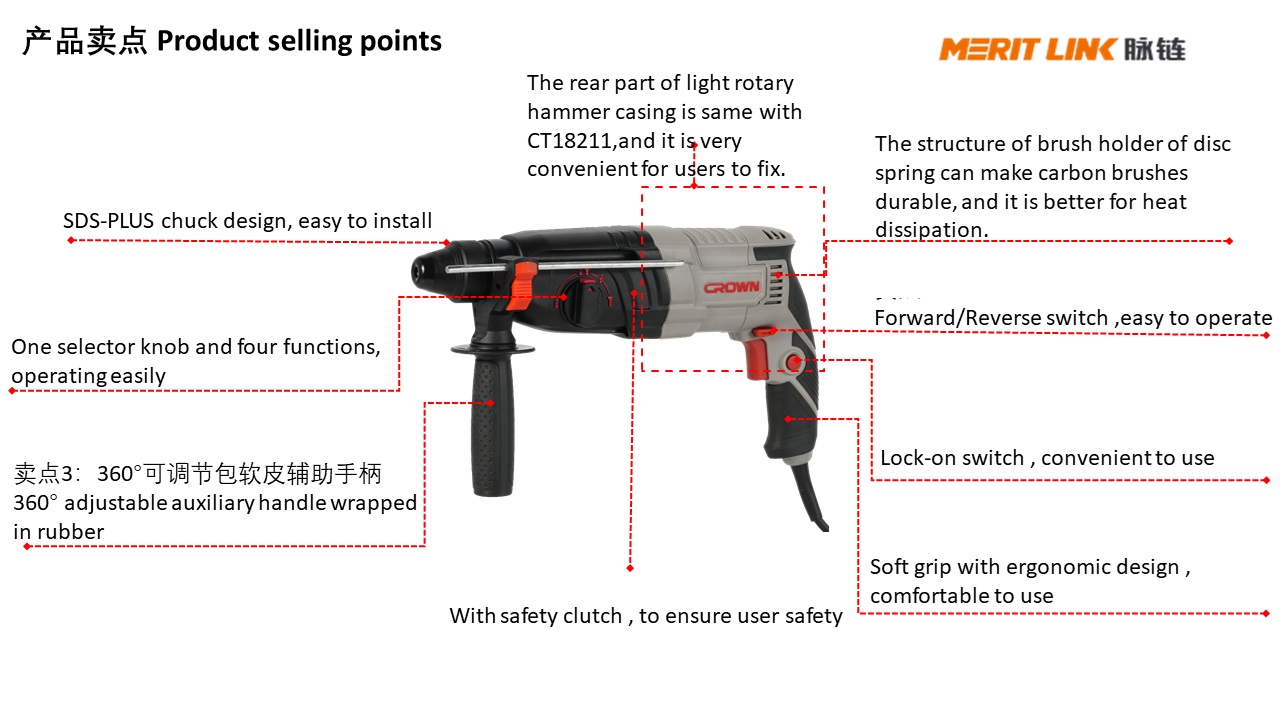 CROWN CT18219 Professional Light Rotary Hammer SDS-Plus, 2.8J, 800W, 26 mm; CT18219 BMC_img_2