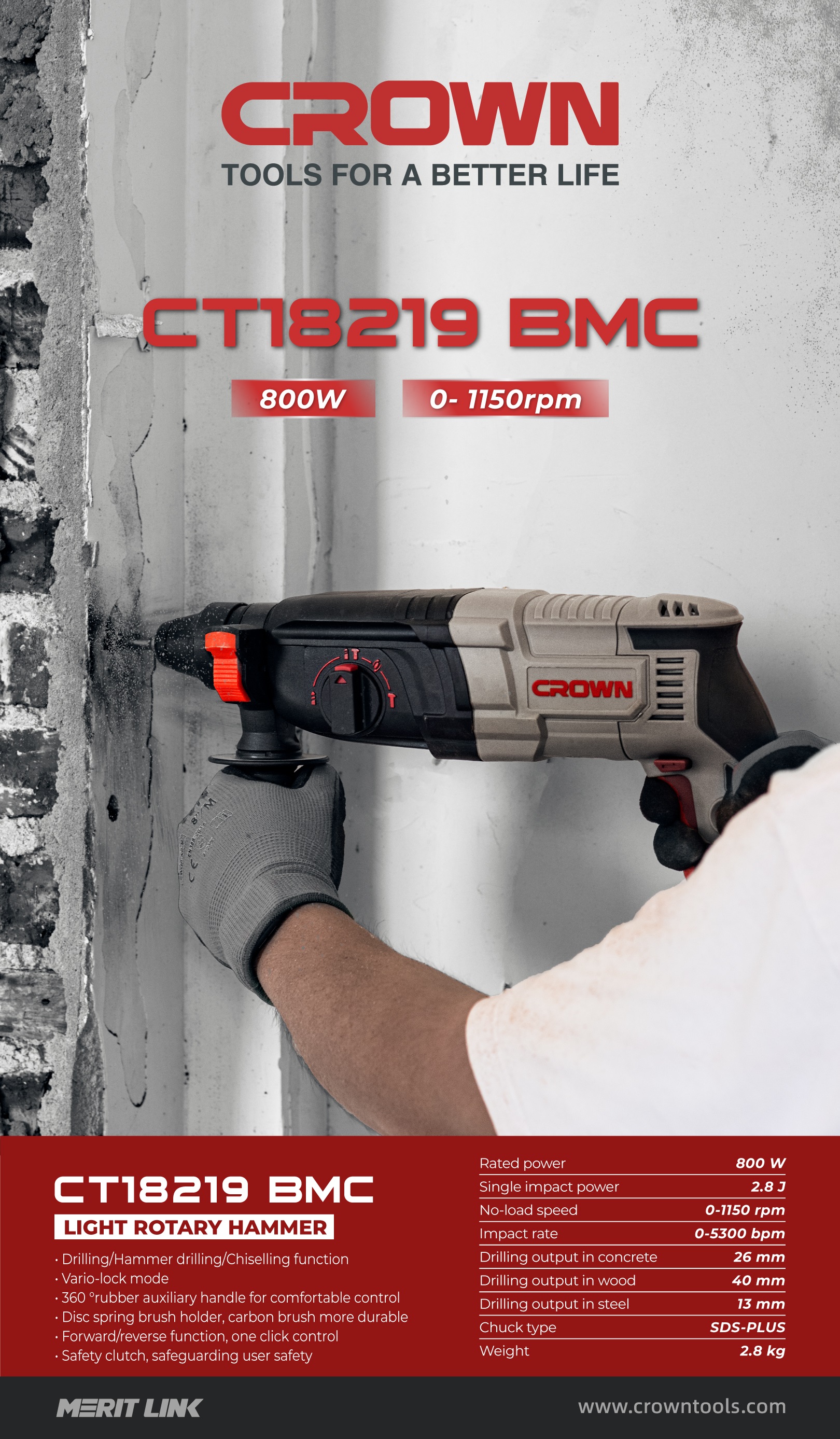 CROWN CT18219 Professional Light Rotary Hammer SDS-Plus, 2.8J, 800W, 26 mm; CT18219 BMC_img_3