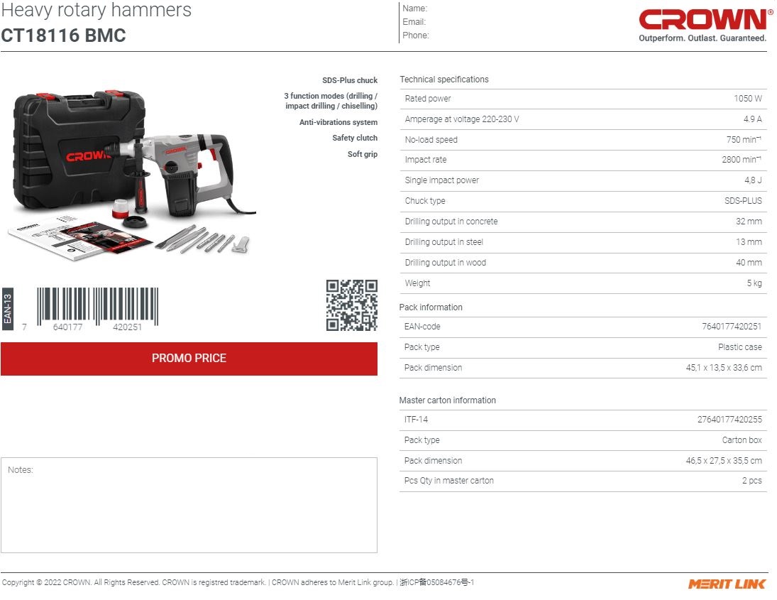 CROWN CT18116 Professional Heavy Rotary Hammer SDS-Plus, 32mm, 1050W, 4.8J; CT18116_img_5