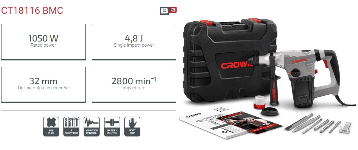 CROWN CT18116 Professional Heavy Rotary Hammer SDS-Plus, 32mm, 1050W, 4.8J; CT18116_img_6