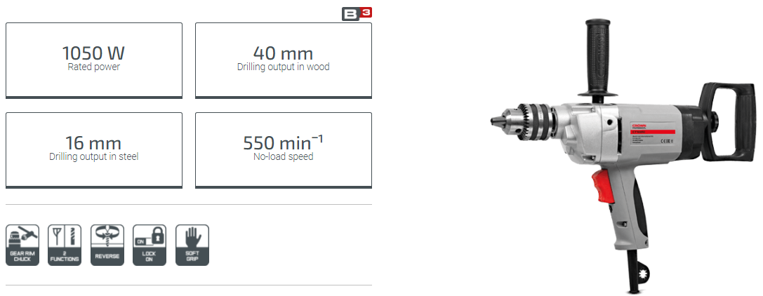 CROWN Professional Low Speed Drill, 1050W, 13mm, 550rpm; CT10010_img_1