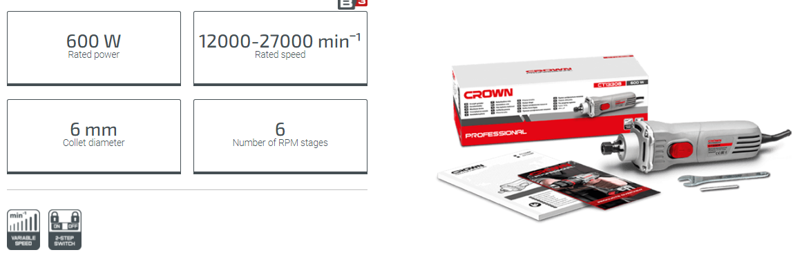 CROWN ,CT13308, Die Grinder, 600W, 6mm, Short Neck; CT13308_img_2