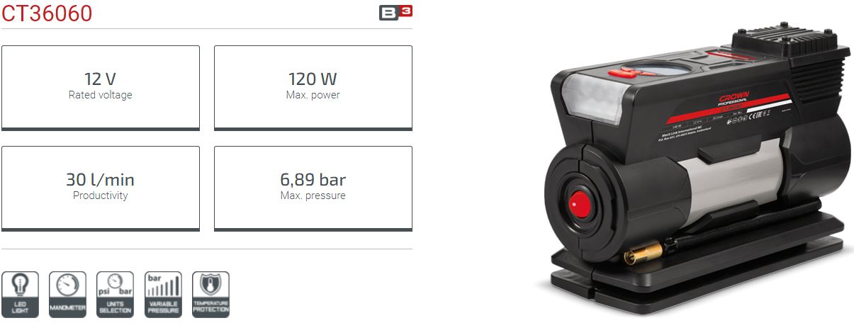 CROWN CT36060 Professional Vehicle Compressor, 12V, 140W, 30L/min, 6.89bar; CT36060_img_2