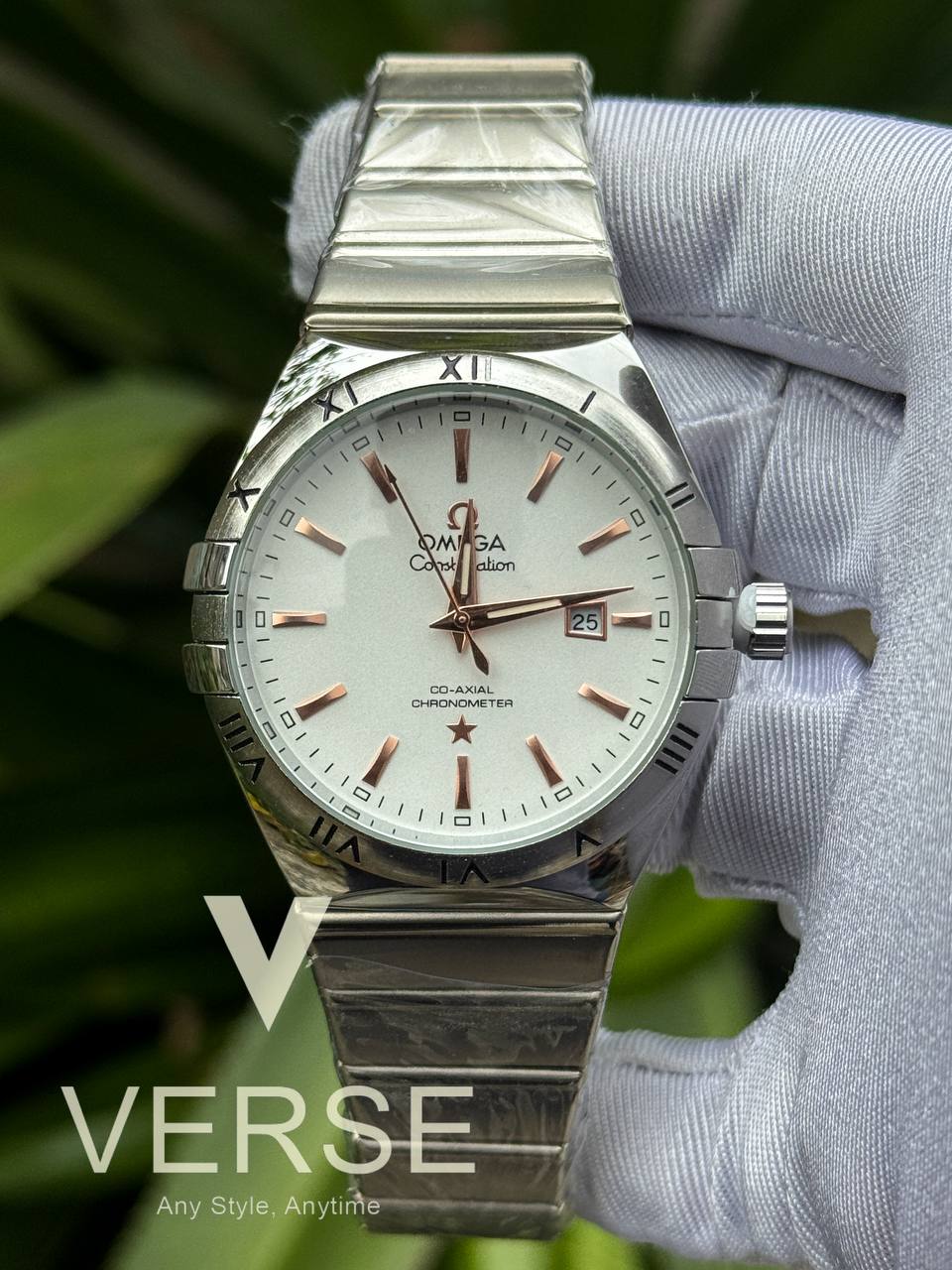 Omega constellation white dial rosegold digit sweep