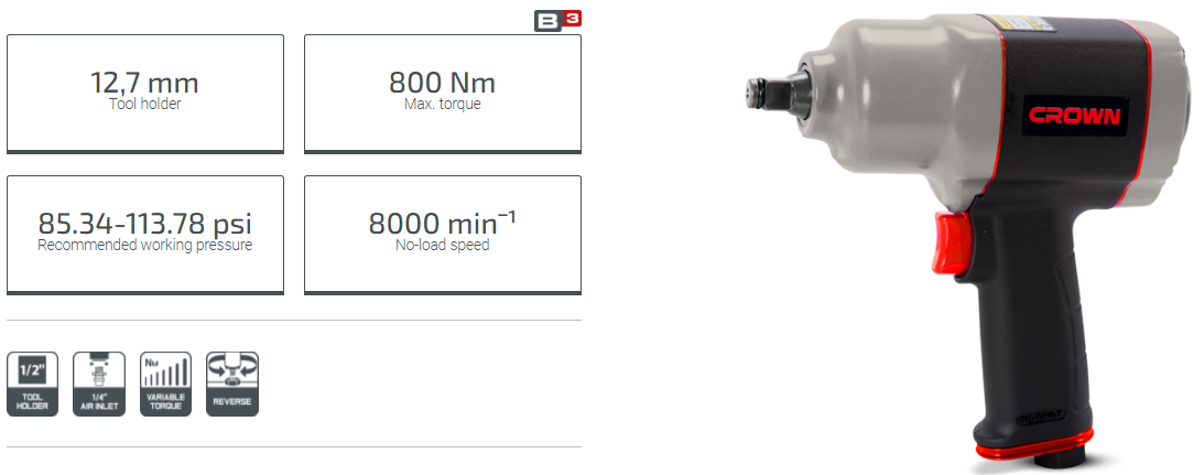 CROWN CT38115 Pneumatic Impact Wrench, 800N.m, 16mm, 1/2inch; CT38115_img_1