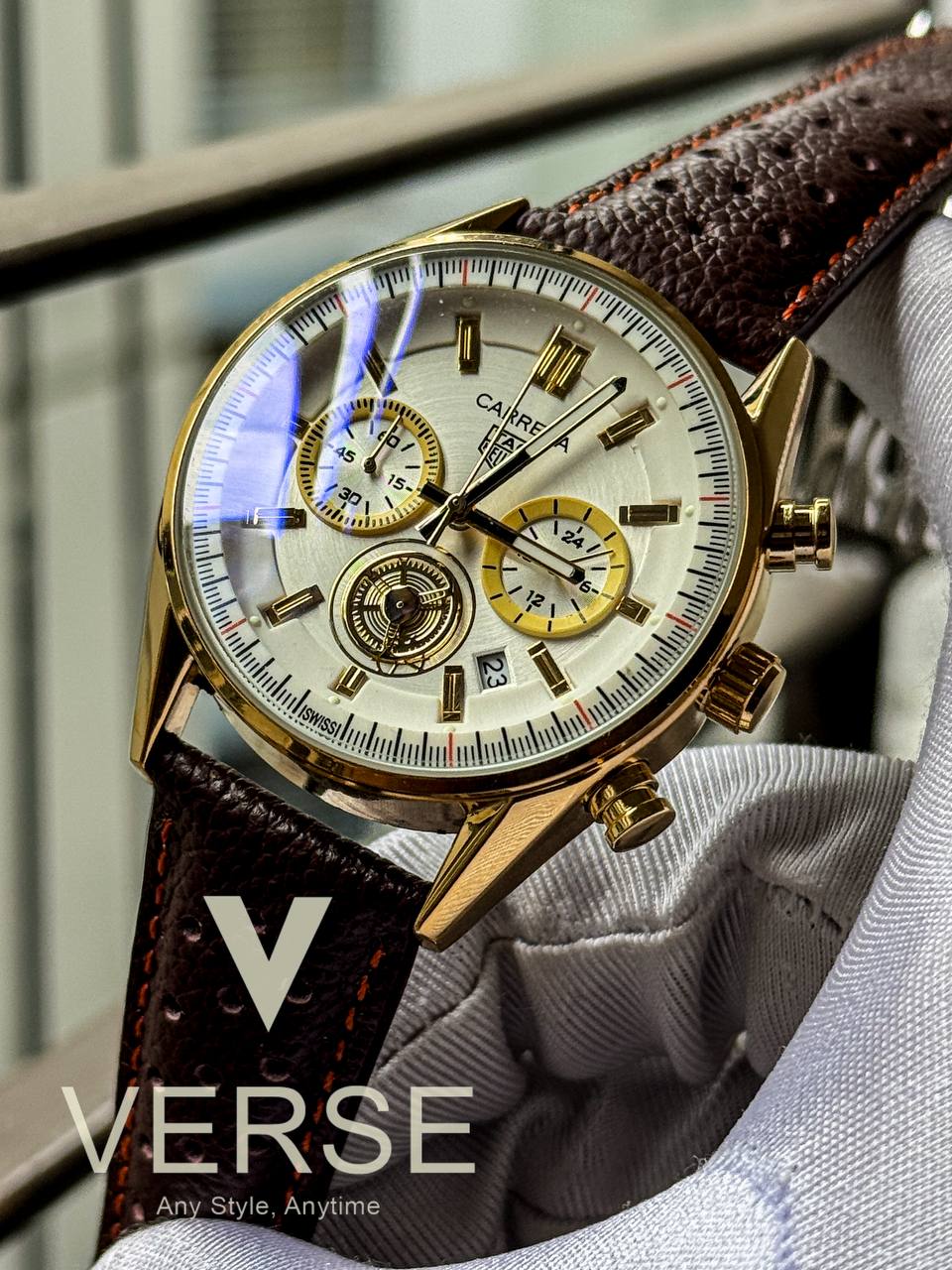 Tag belt 3 chrono white dial golden body brown belt